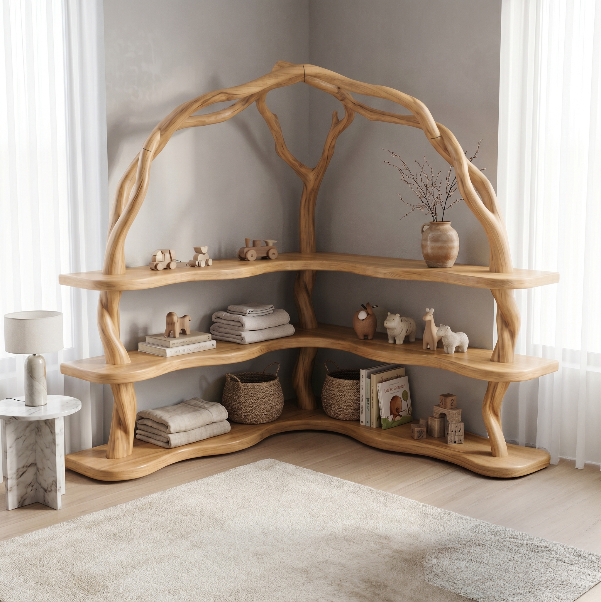 Organic Corner Bookcase With Natural Branch Frame Design For Living Room And Bedroom