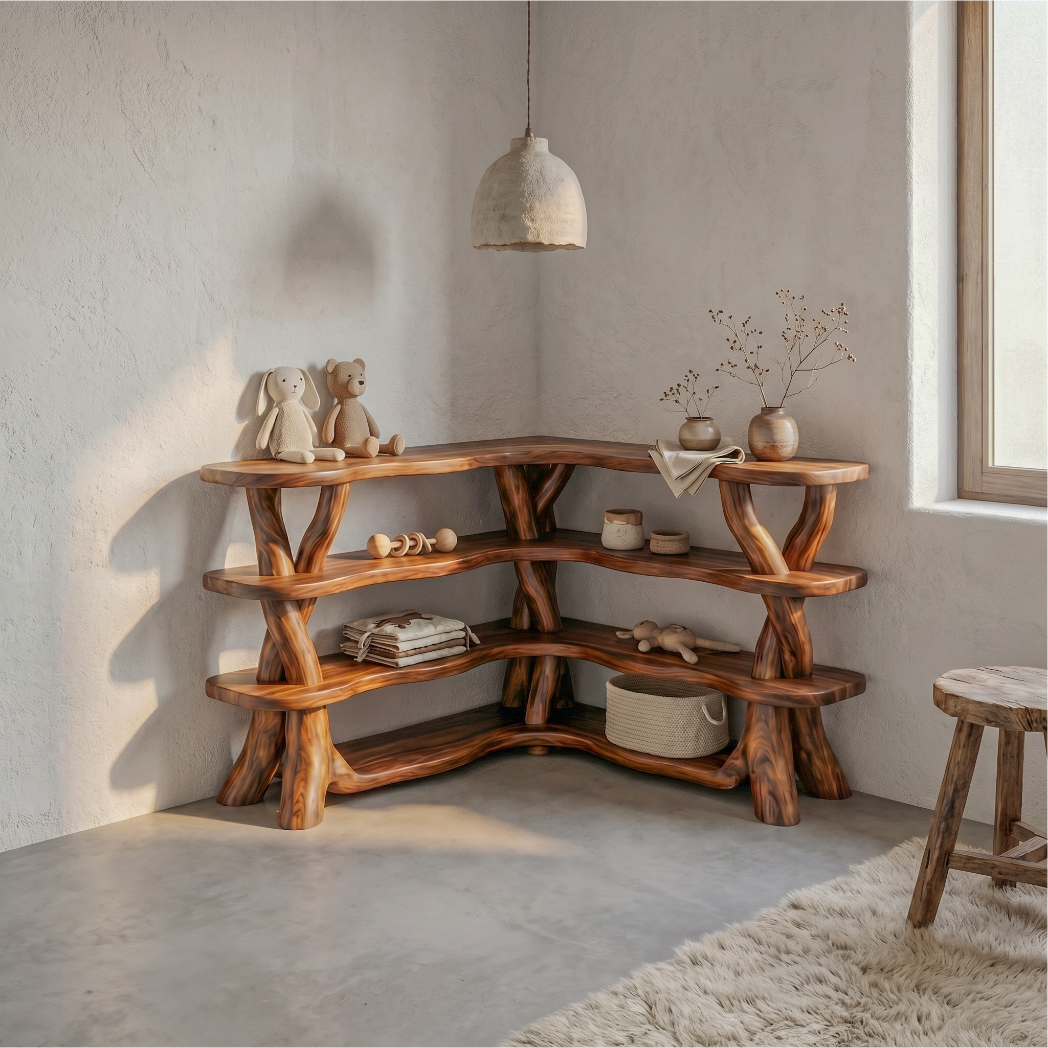 Rustic Organic Corner Bookshelf With Sculptural Tree Branch Shelves For Living Room And Bedroom