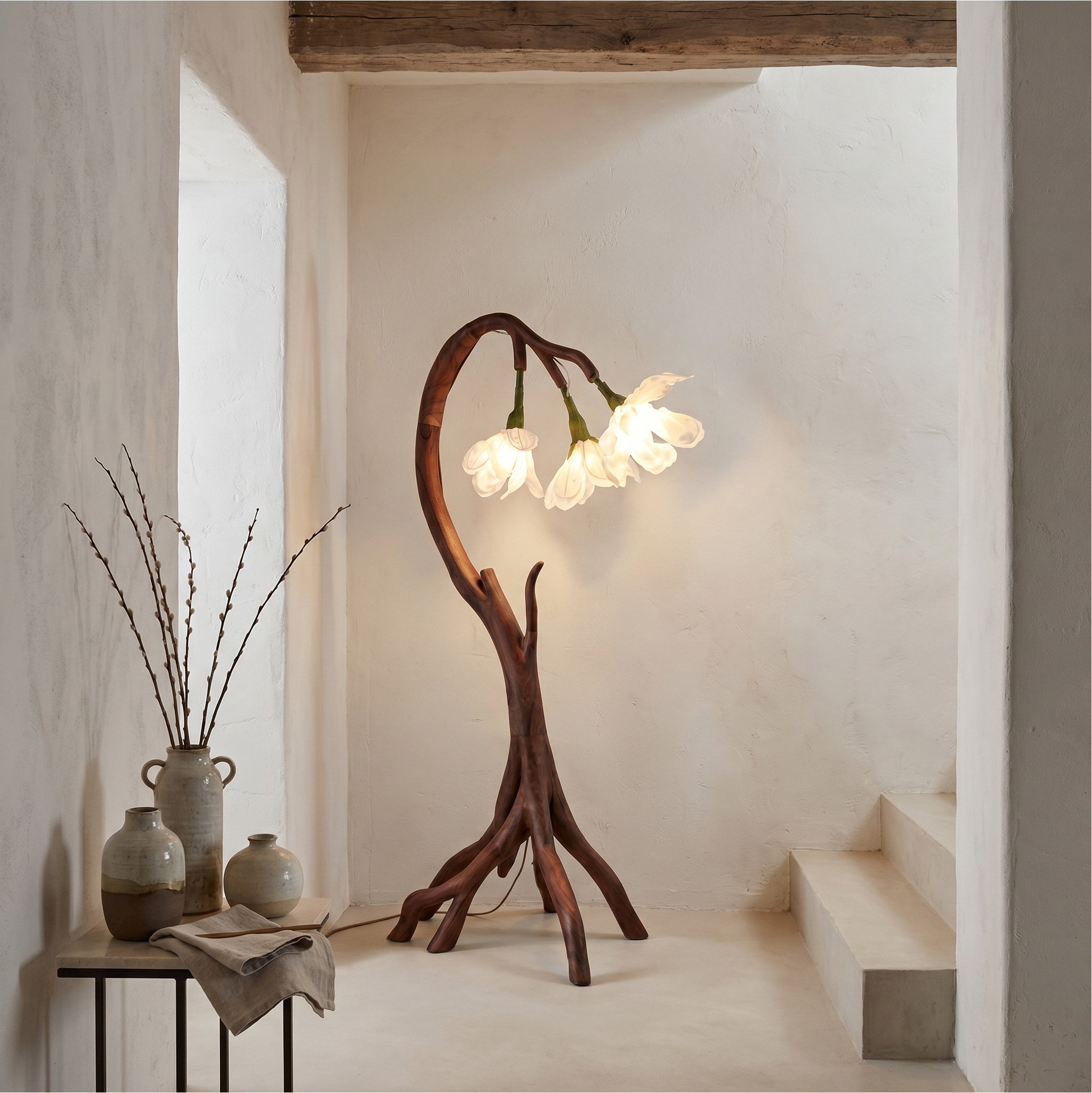 Botanical Flower Floor Lamp With Sculptural Wood Base For Living Room And Bedroom