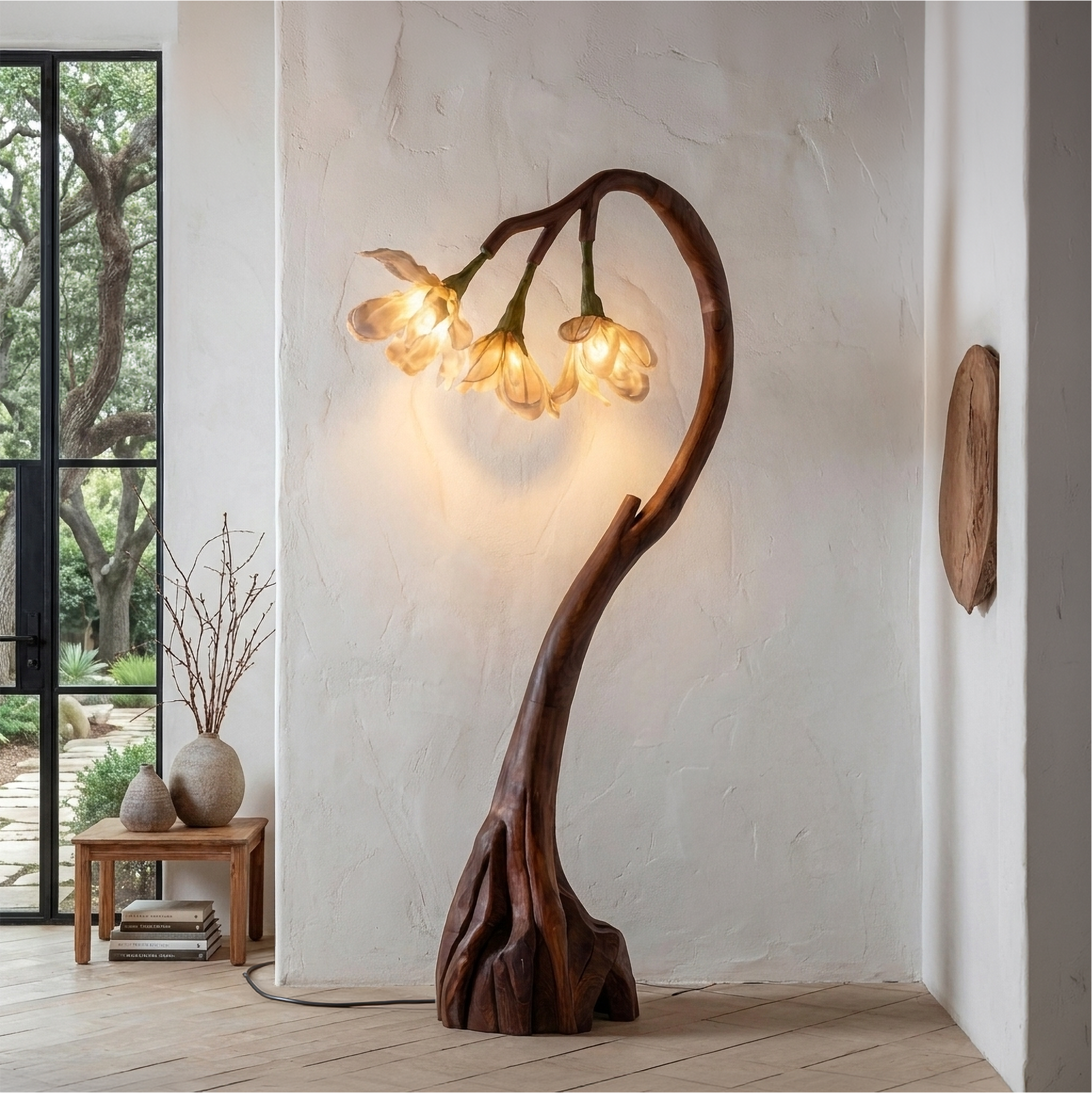 Floral Floor Lamp With Organic Wood Base For Living Room And Bedroom