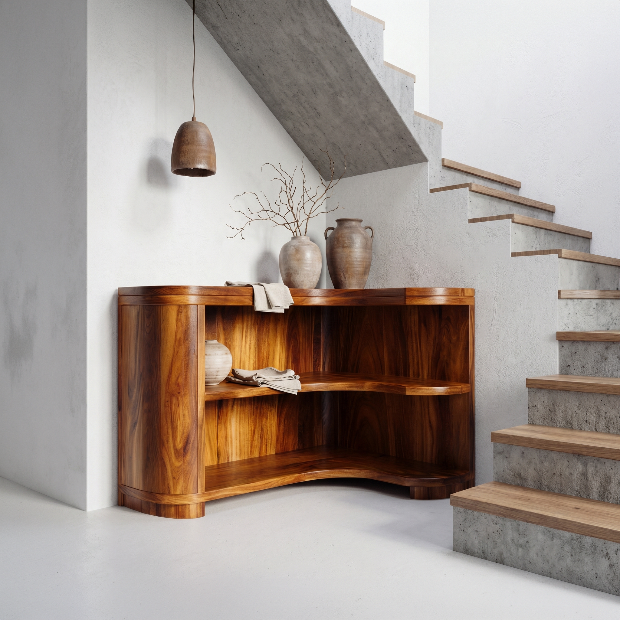 Modern Organic Corner Bookshelf With Solid Wood Open Shelves And Curved Design For Living Room And Bedroom