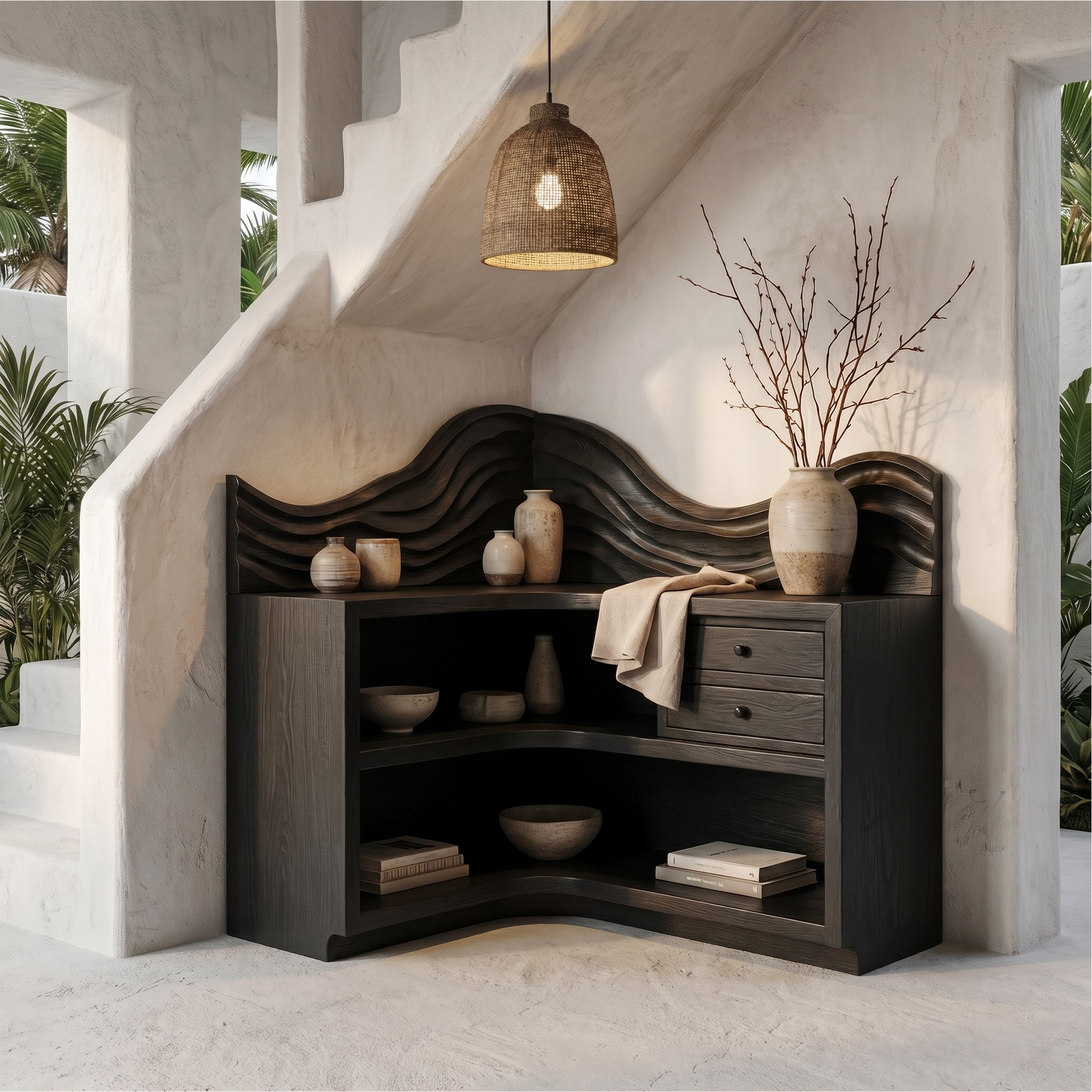 Rustic Corner Bookshelf With Arched Open Shelves And Drawer Storage For Living Room And Bedroom