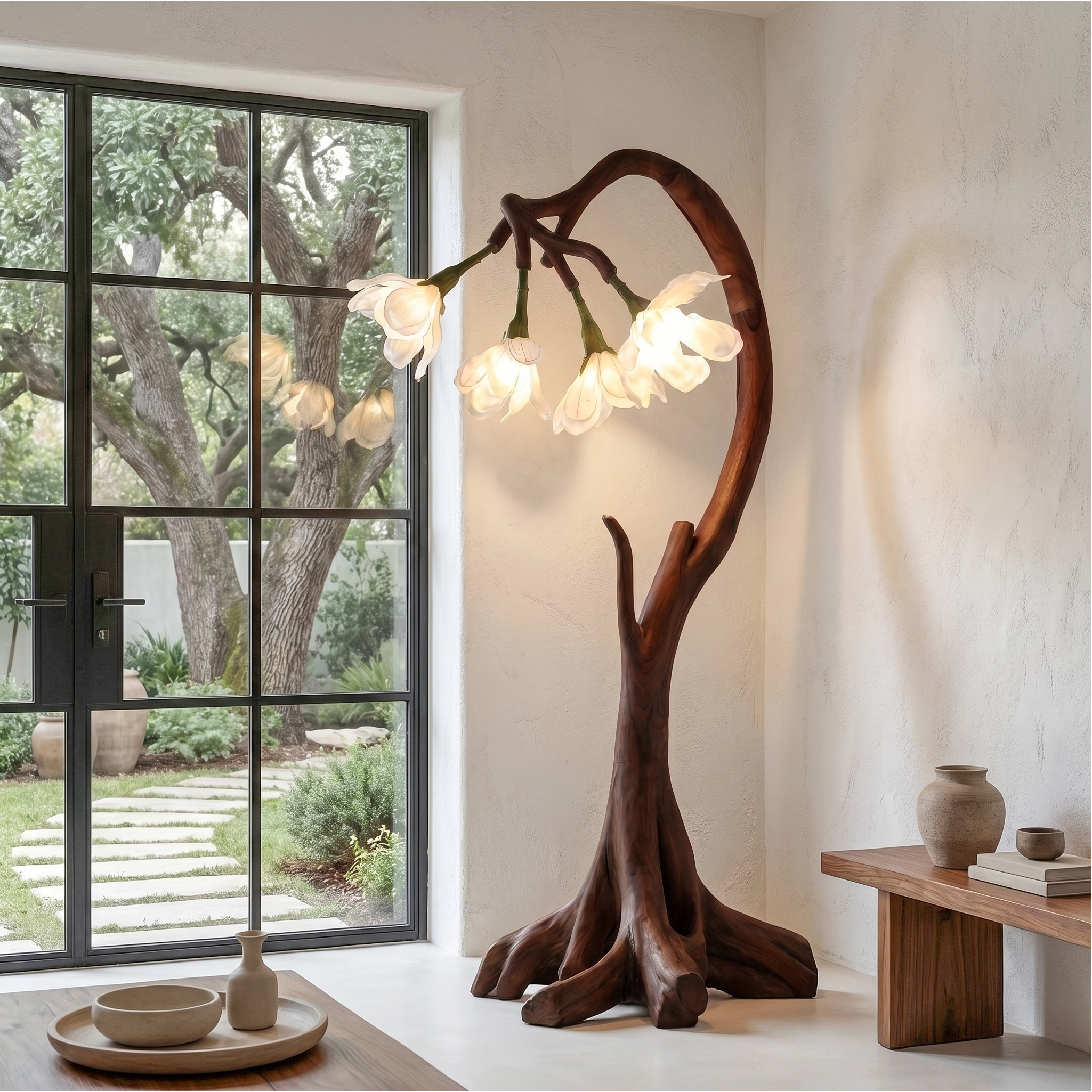 Bloom Floor Lamp With Sculptural Wooden Stand For Living Room And Bedroom