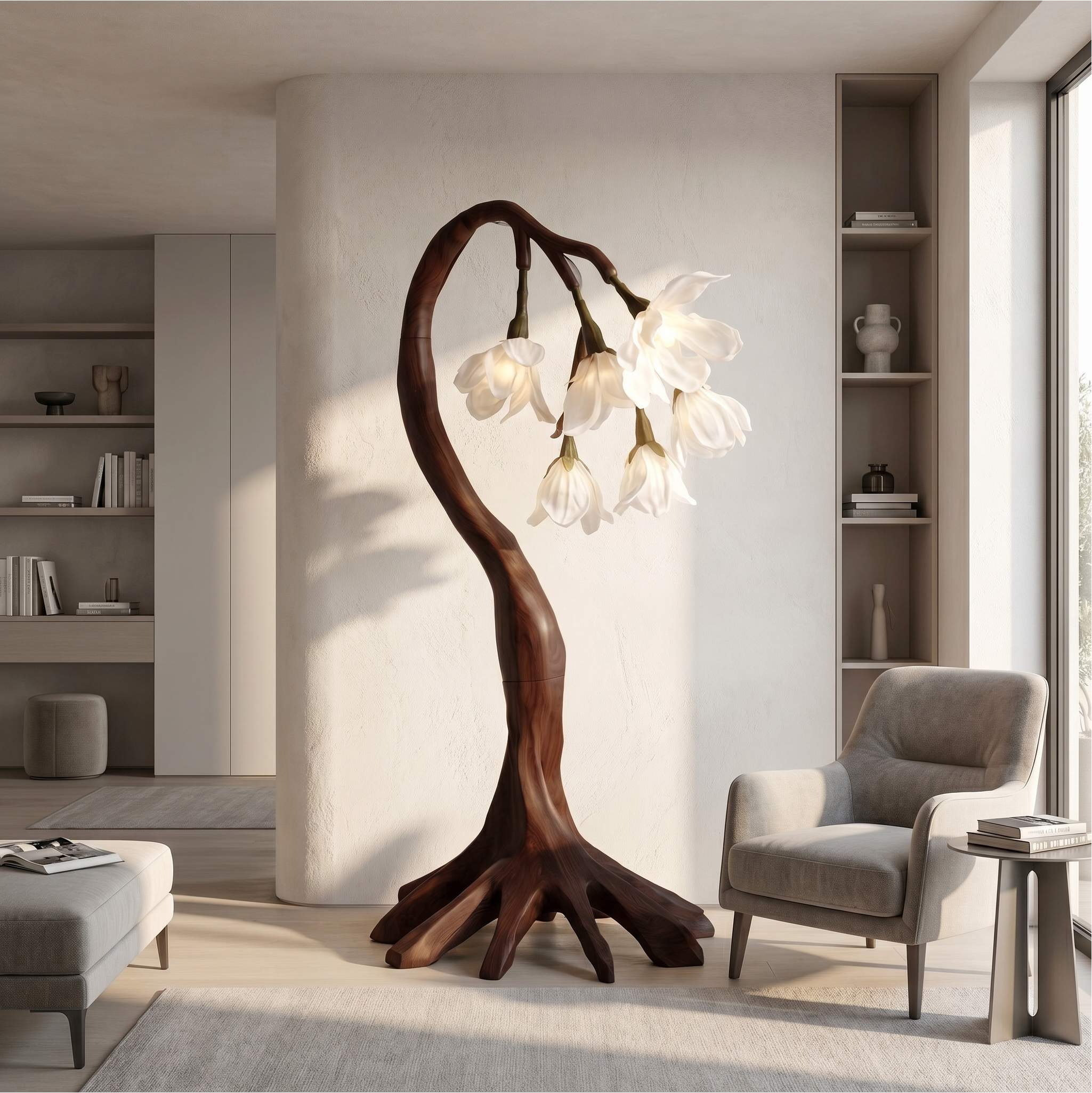Flower Petal Floor Lamp With Solid Wood Base For Living Room And Bedroom