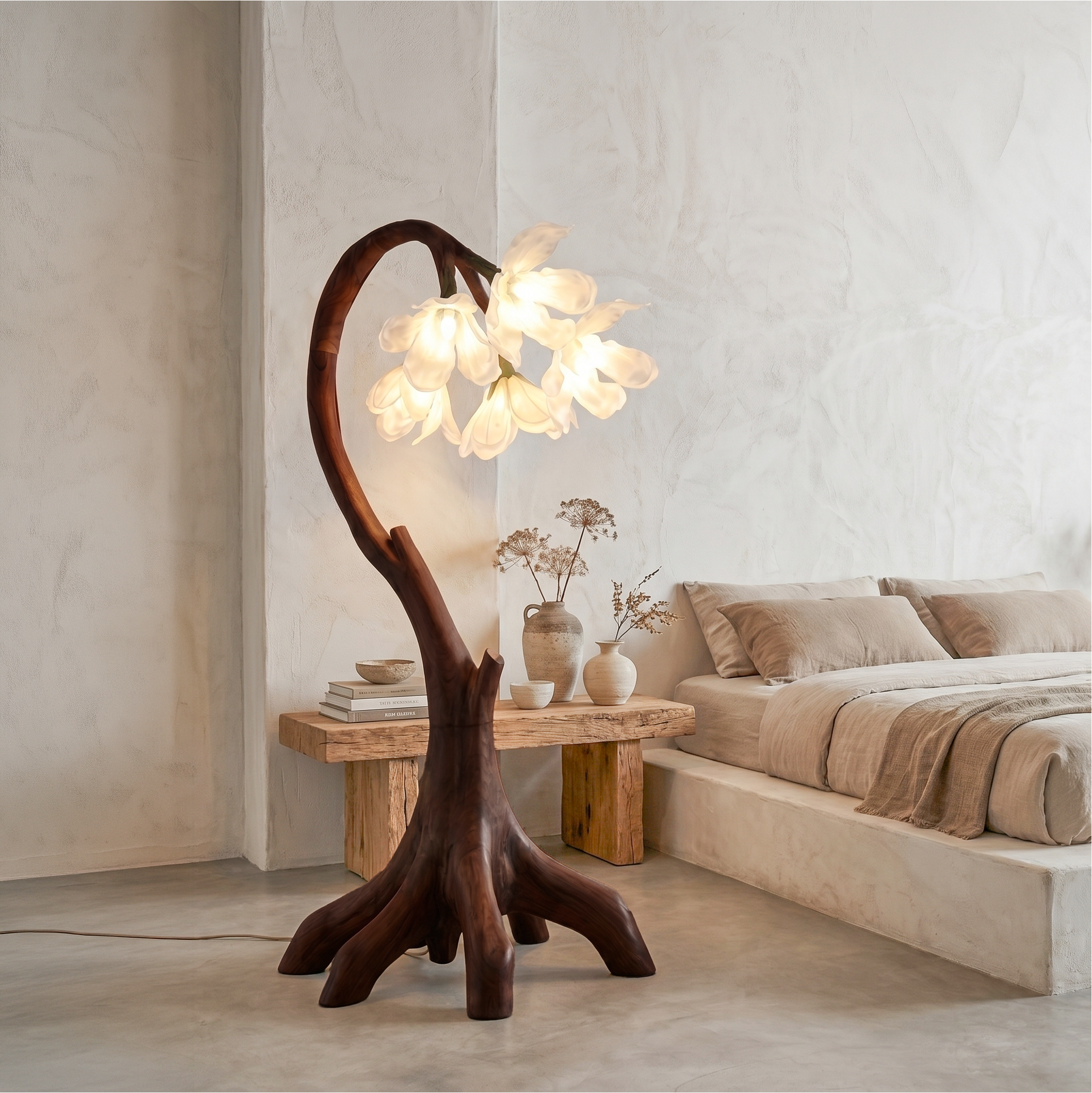 Flower Petal Floor Lamp With Solid Wood Base For Living Room And Bedroom
