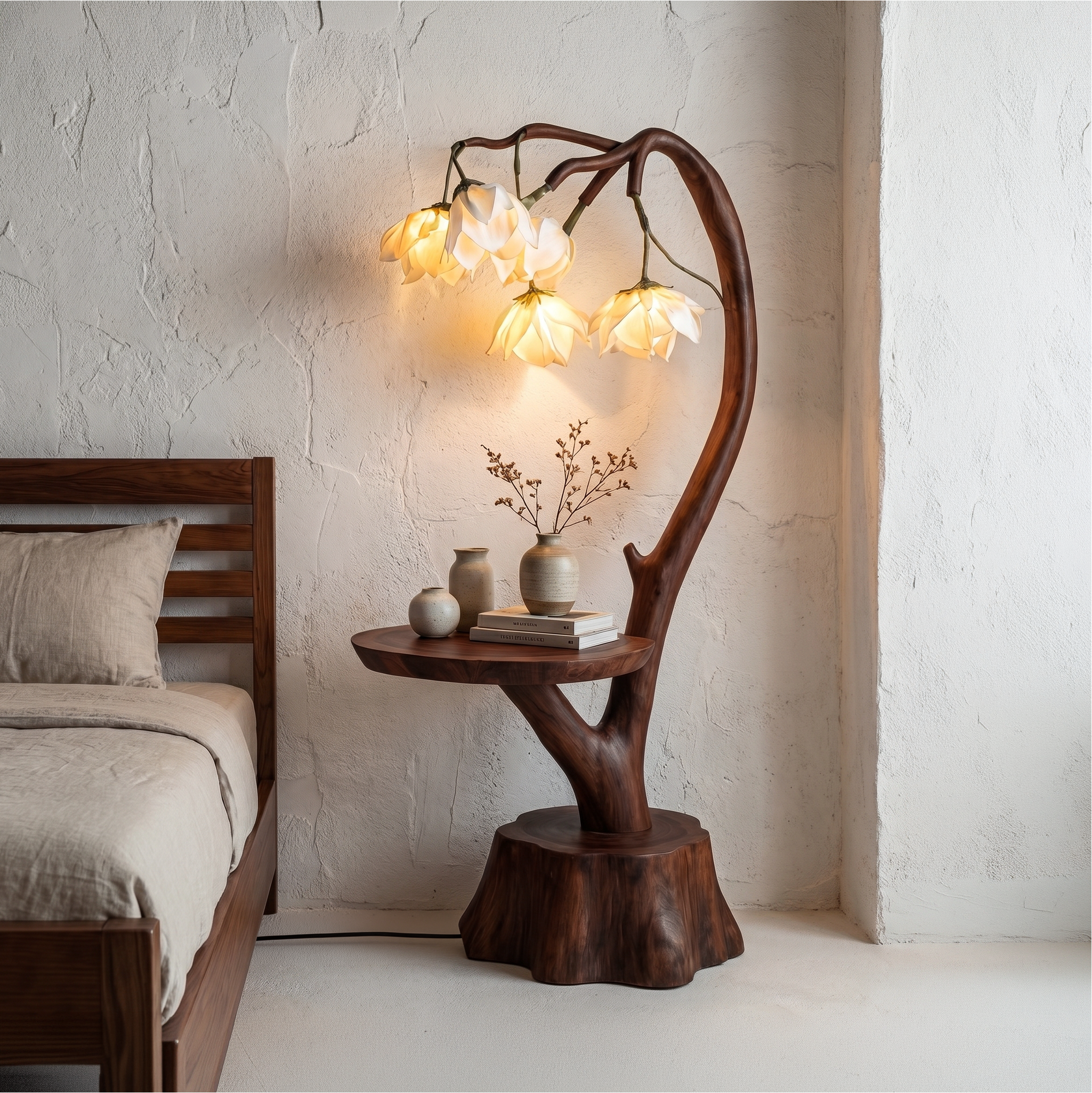 Sculptural Flower Floor Lamp With Handmade Wood Base For Living Room And Bedroom