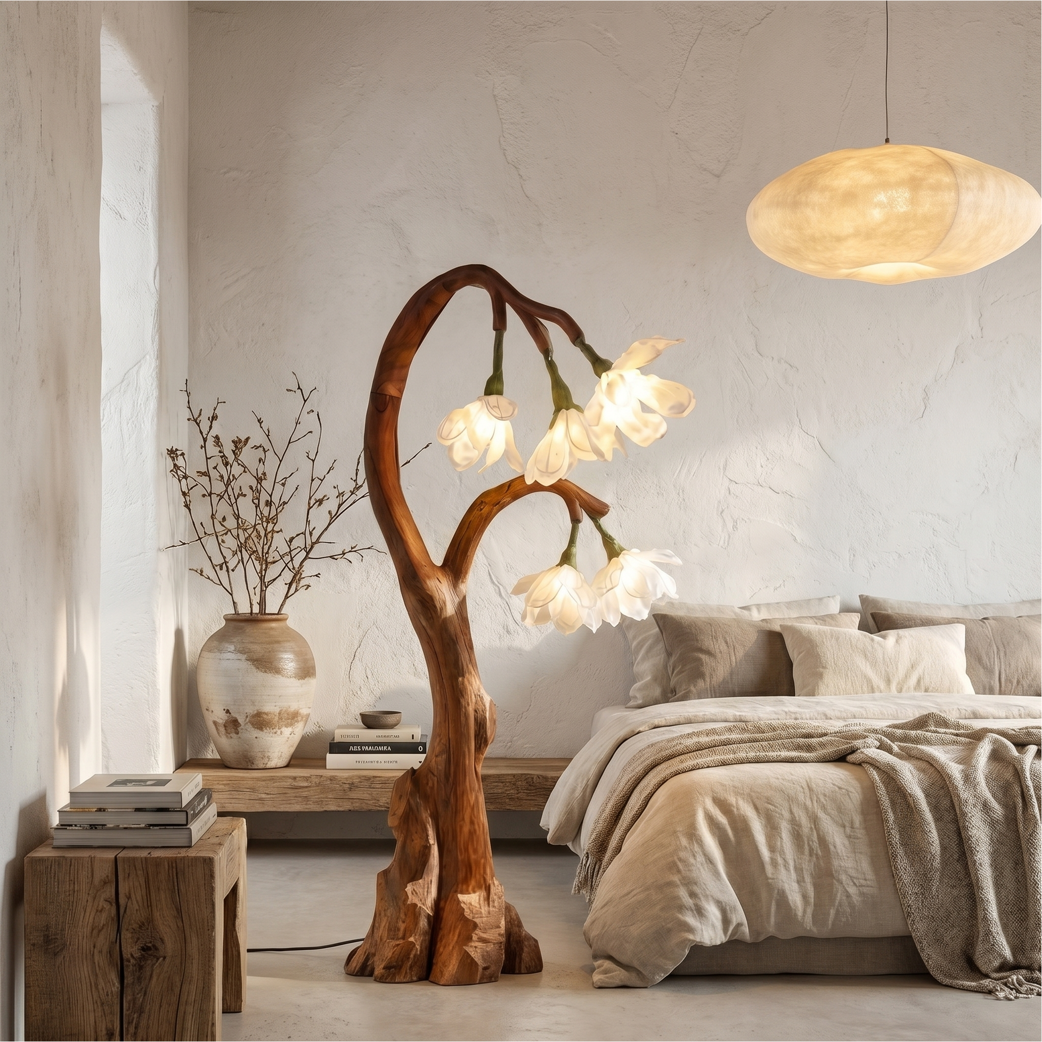 Artistic Floral Floor Lamp With Natural Wood Base For Living Room And Bedroom
