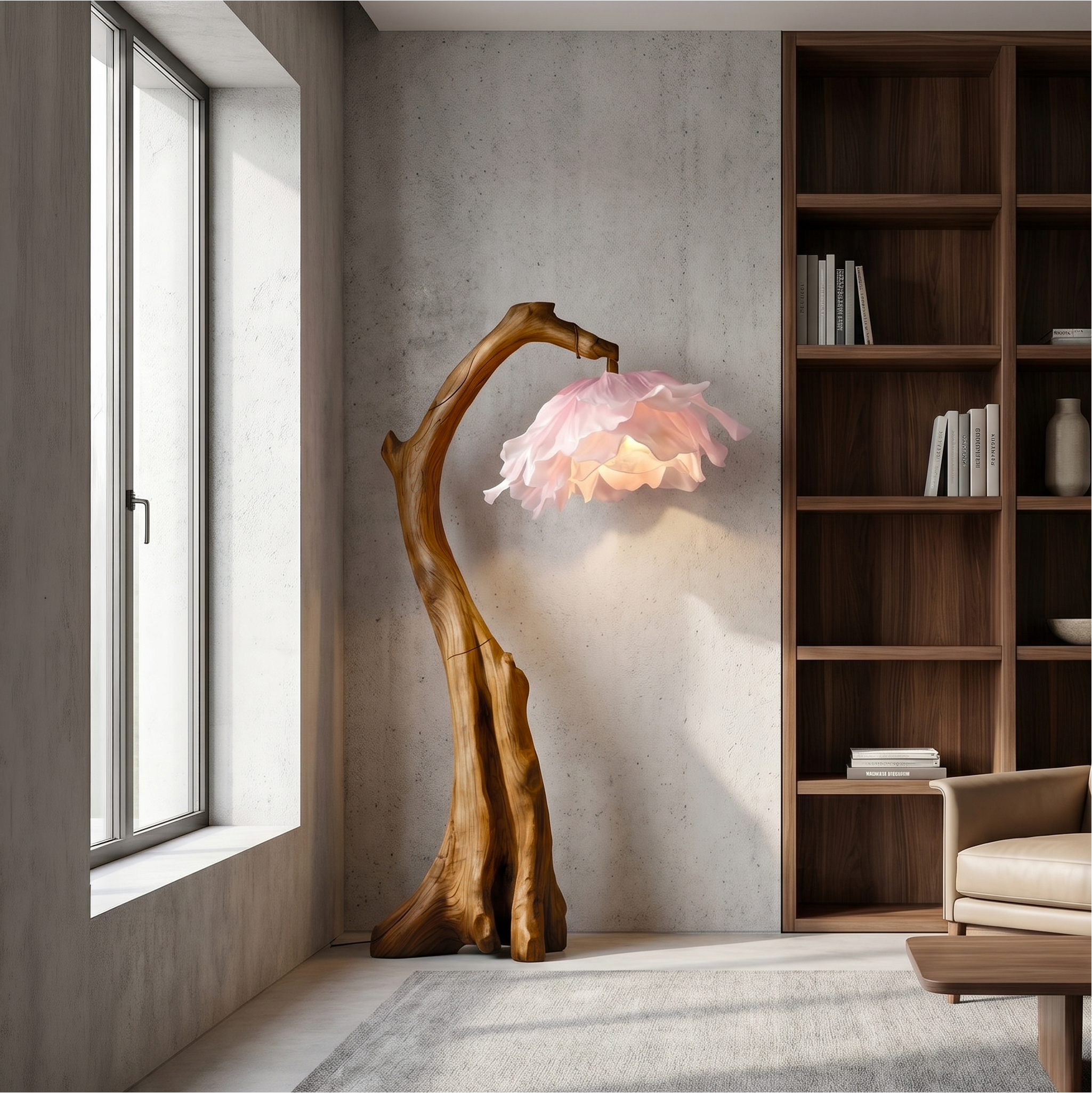 Handmade Flower Floor Lamp With Sculptural Wood Base For Living Room And Bedroom