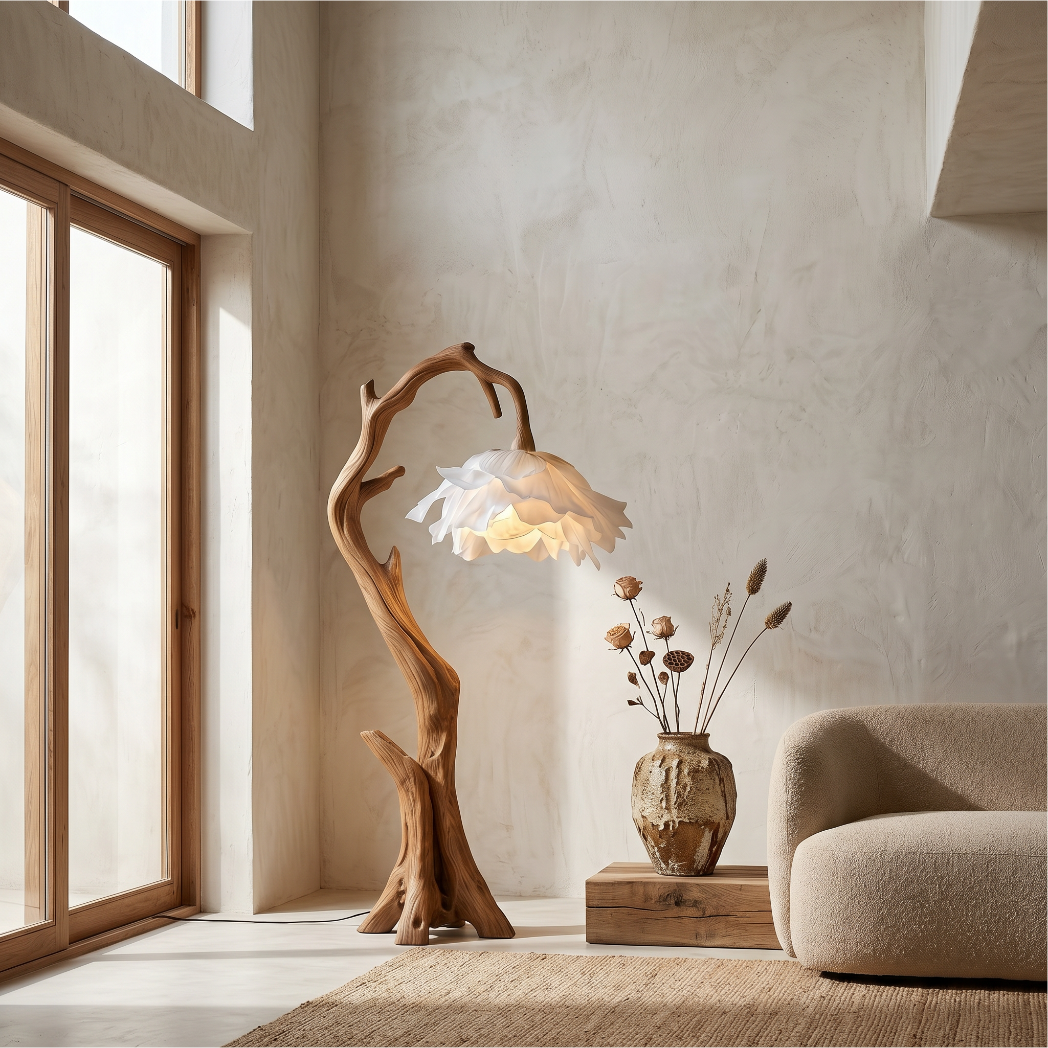 Nature Inspired Flower Floor Lamp With Solid Wood Base For Living Room And Bedroom