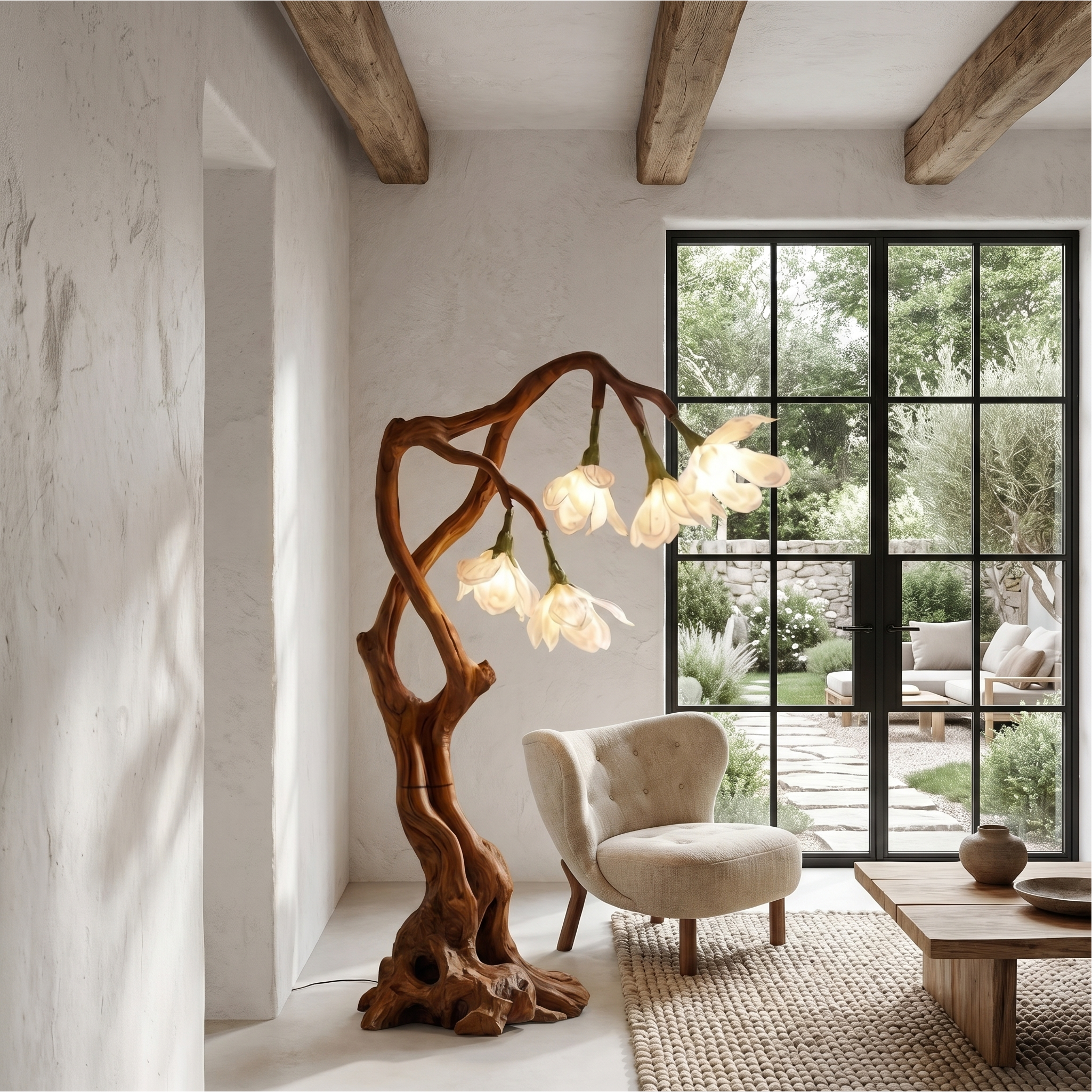 Petal Inspired Floor Lamp With Artistic Wood Base For Living Room And Bedroom