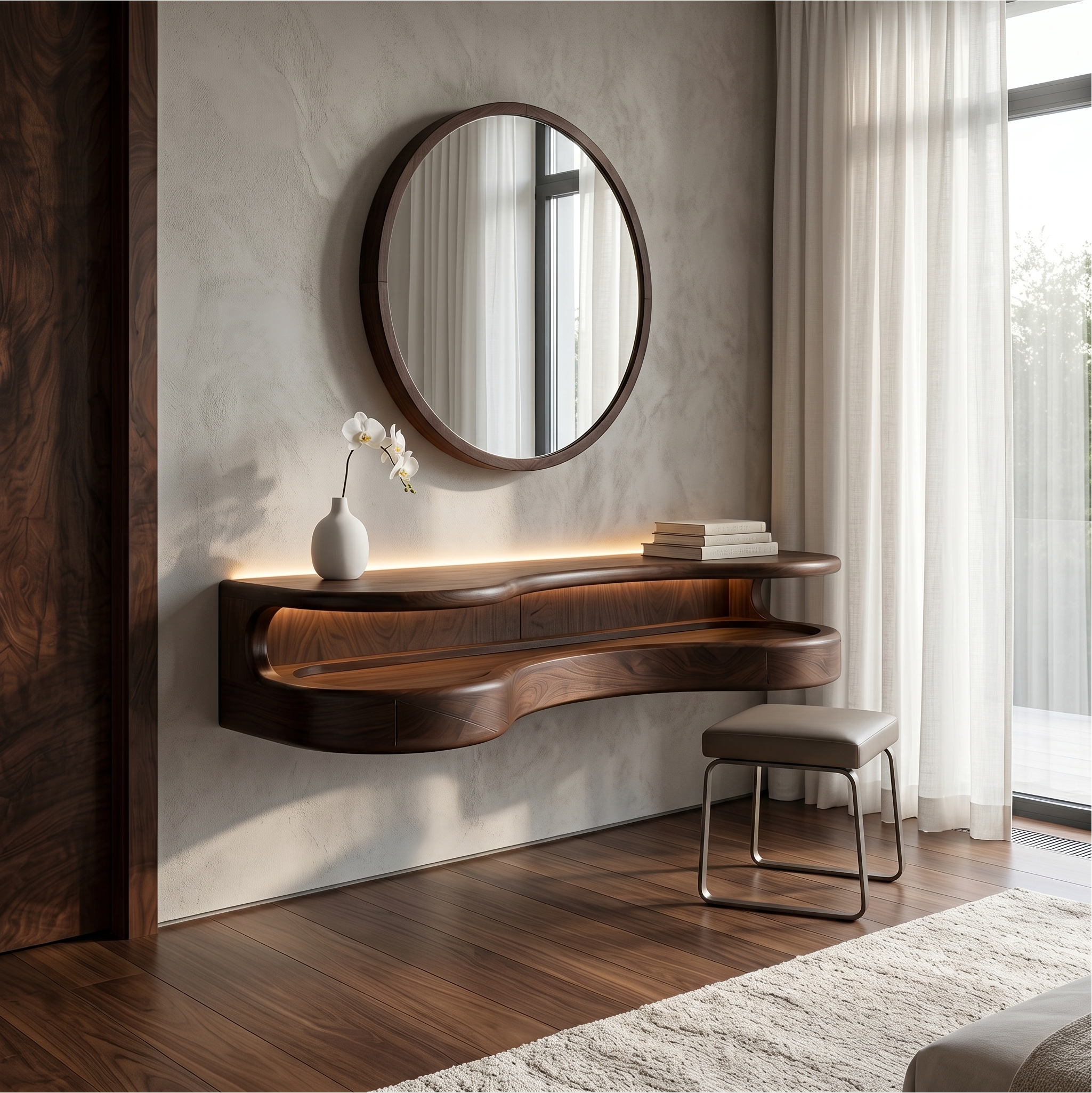 Organic Floating Vanity Desk With Rounded Wood Shelf For Bedroom