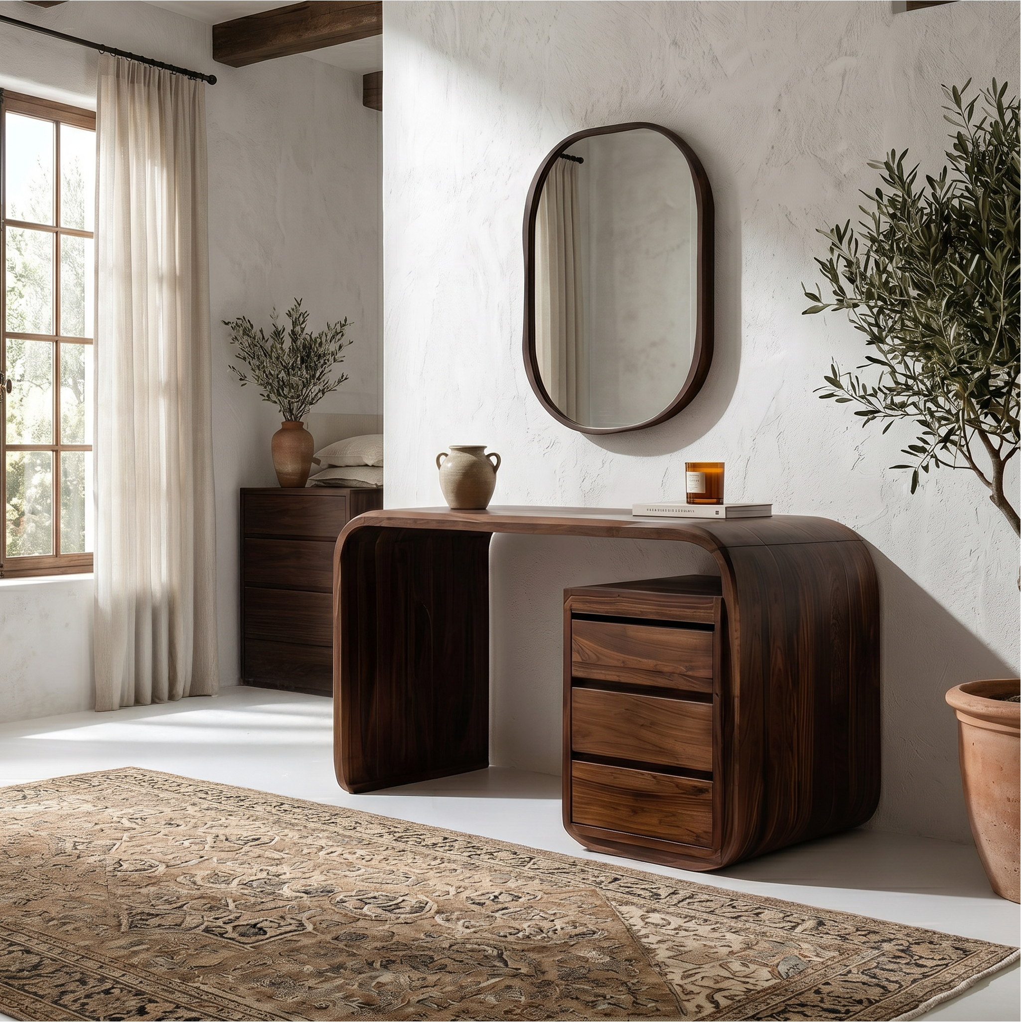 Modern Walnut Vanity Table With Open Shelf Cabinet For Bedroom