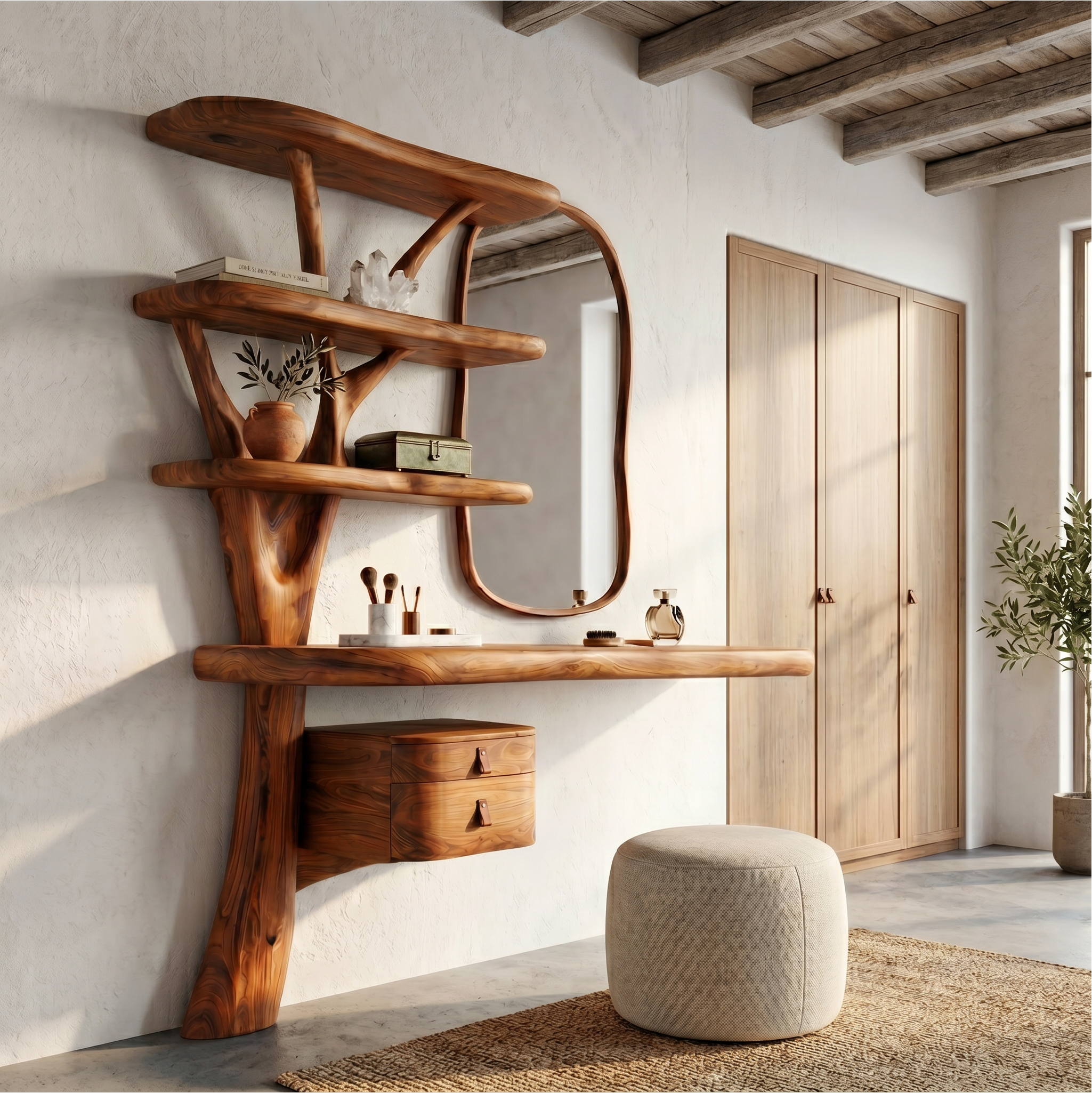 Sculptural Tree Vanity Desk With Curved Wood Shelves For Bedroom