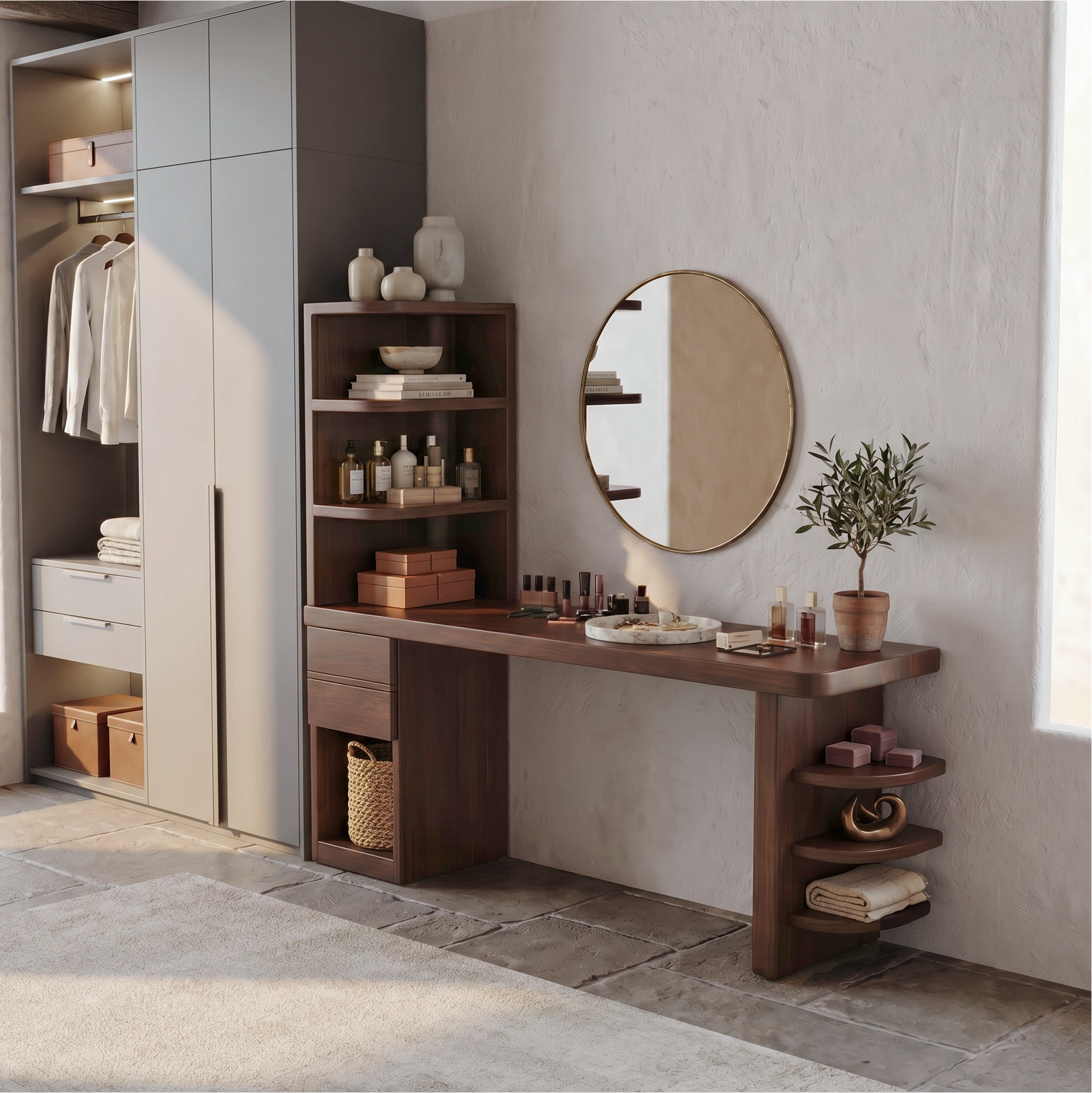 Contemporary Corner Makeup Vanity With Vertical Storage Shelves For Bedroom