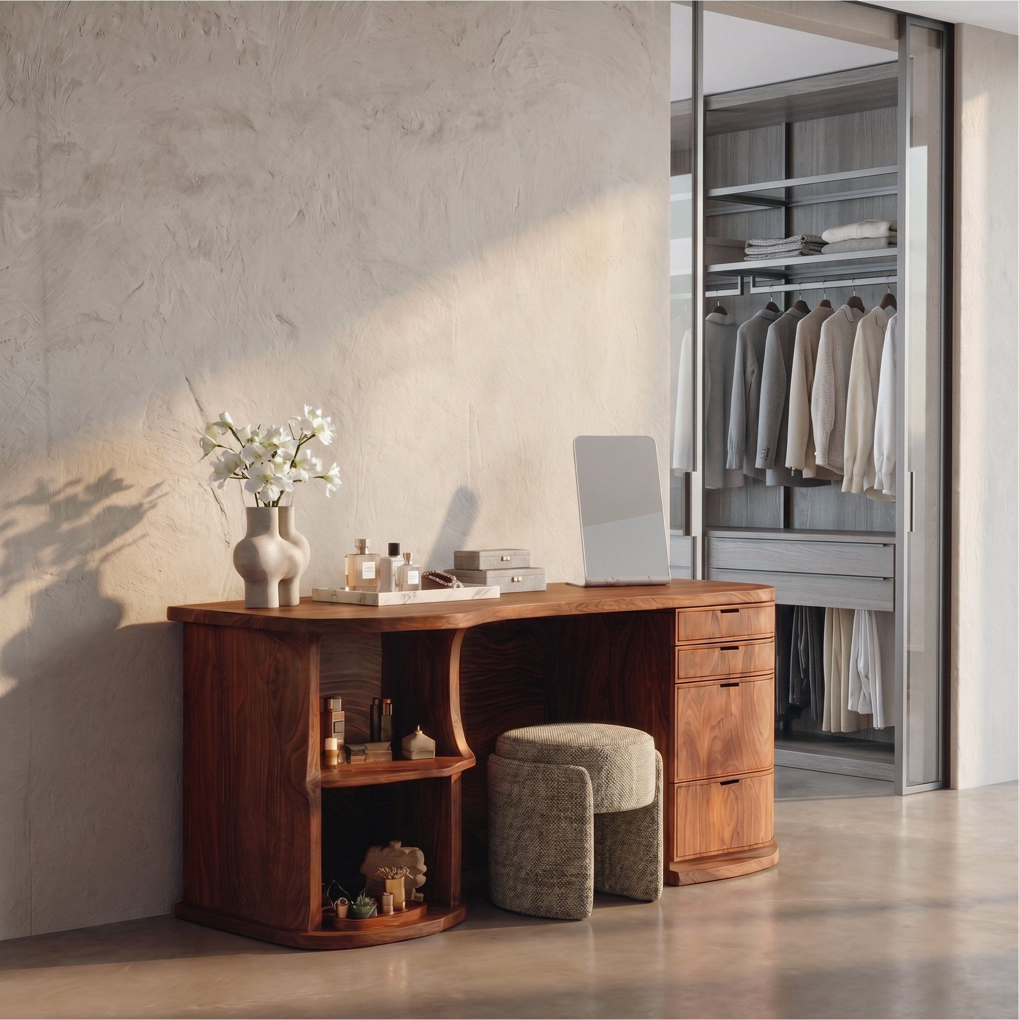 Rustic Vanity Desk With Built In Storage Cabinet For Bedroom