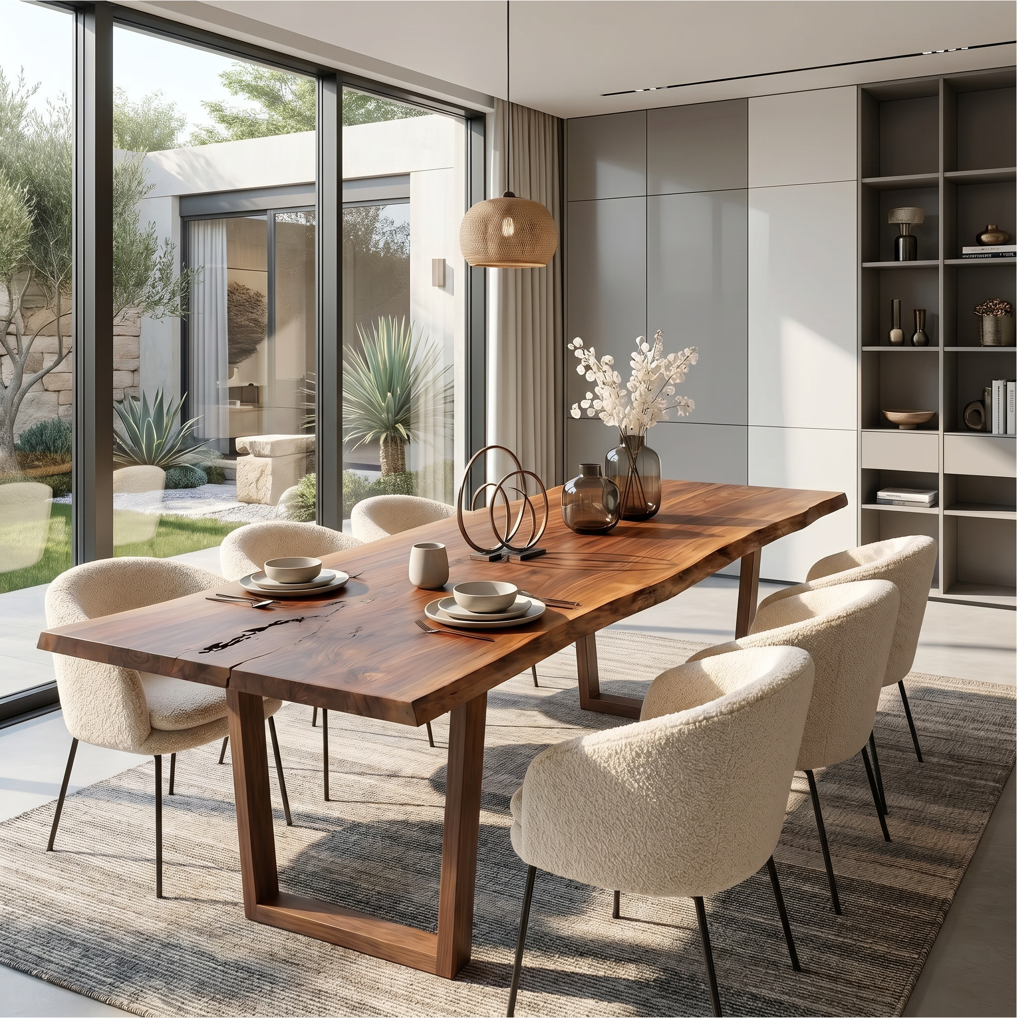 Modern Walnut Dining Table With Minimalist U Shape Base For Dining Room