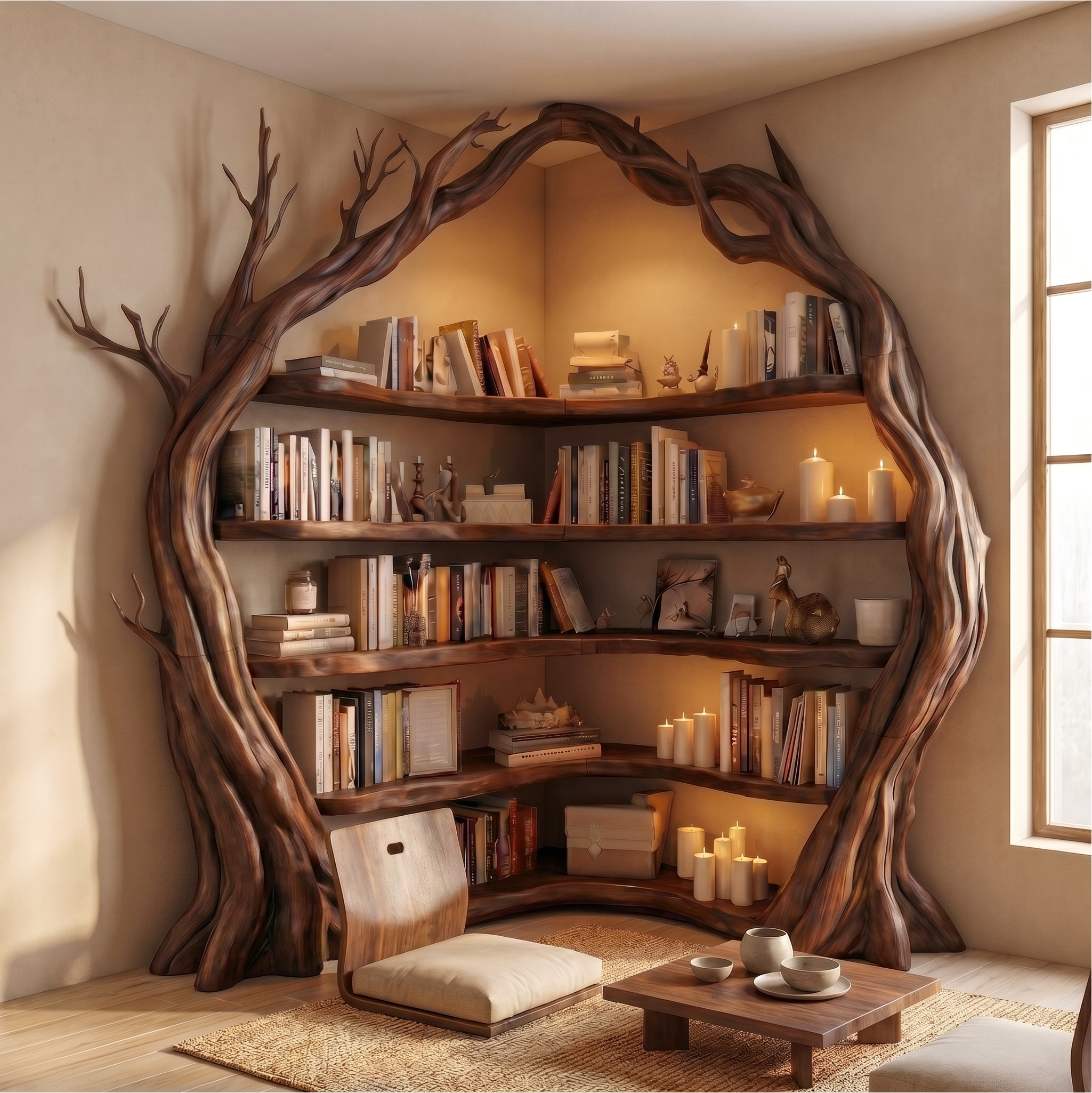 Statement Tree Corner Bookshelf For Living Room And Reading Nook