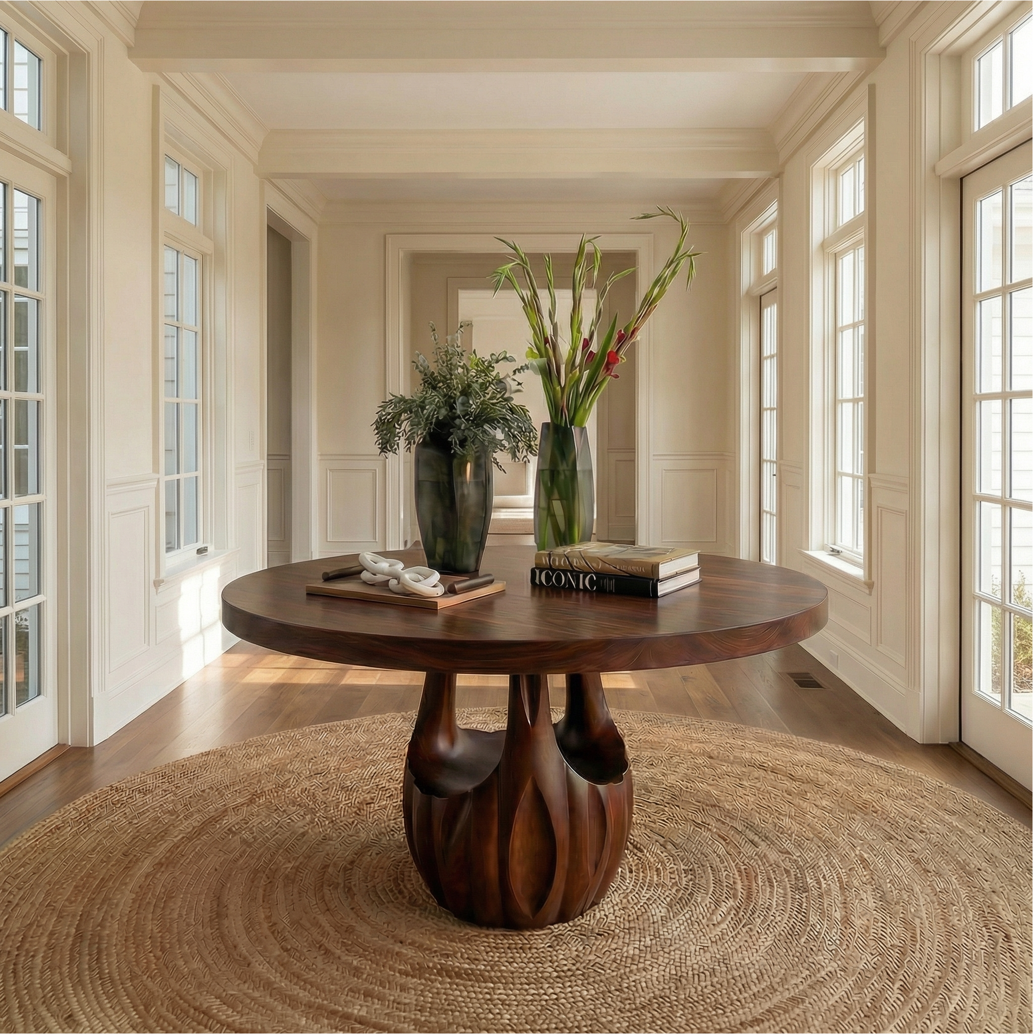 Modern Round Entryway Foyer Table With Unique Sculptural Base For Entryway And Hallway