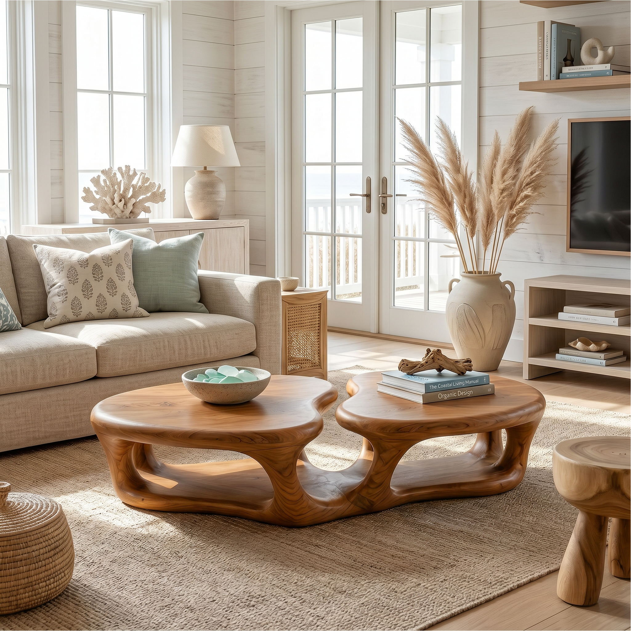 Sculptural Coffee Table With Open Wood Structure For Living Room Decor