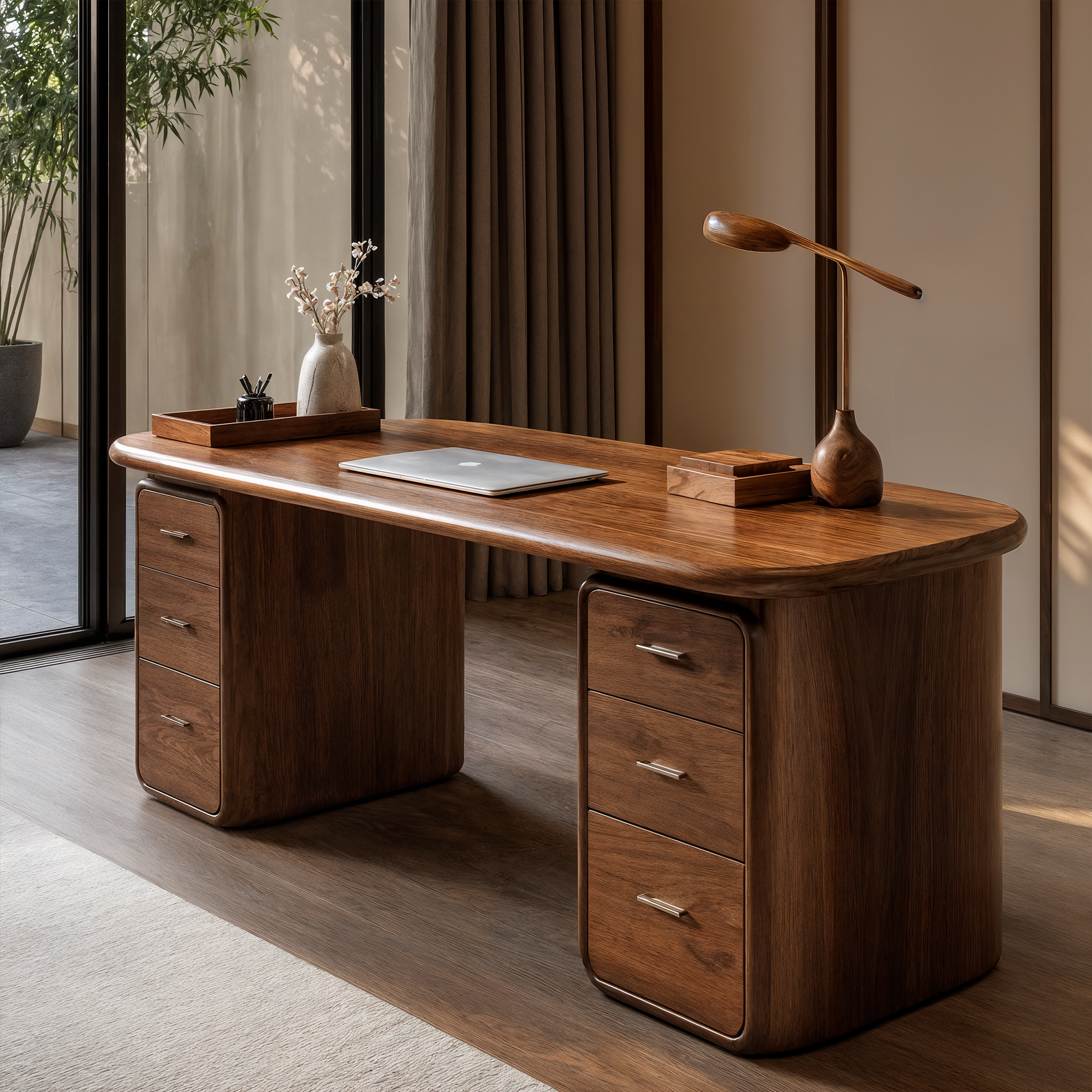 Contemporary Wood Desk With Built In Drawers For Home Office
