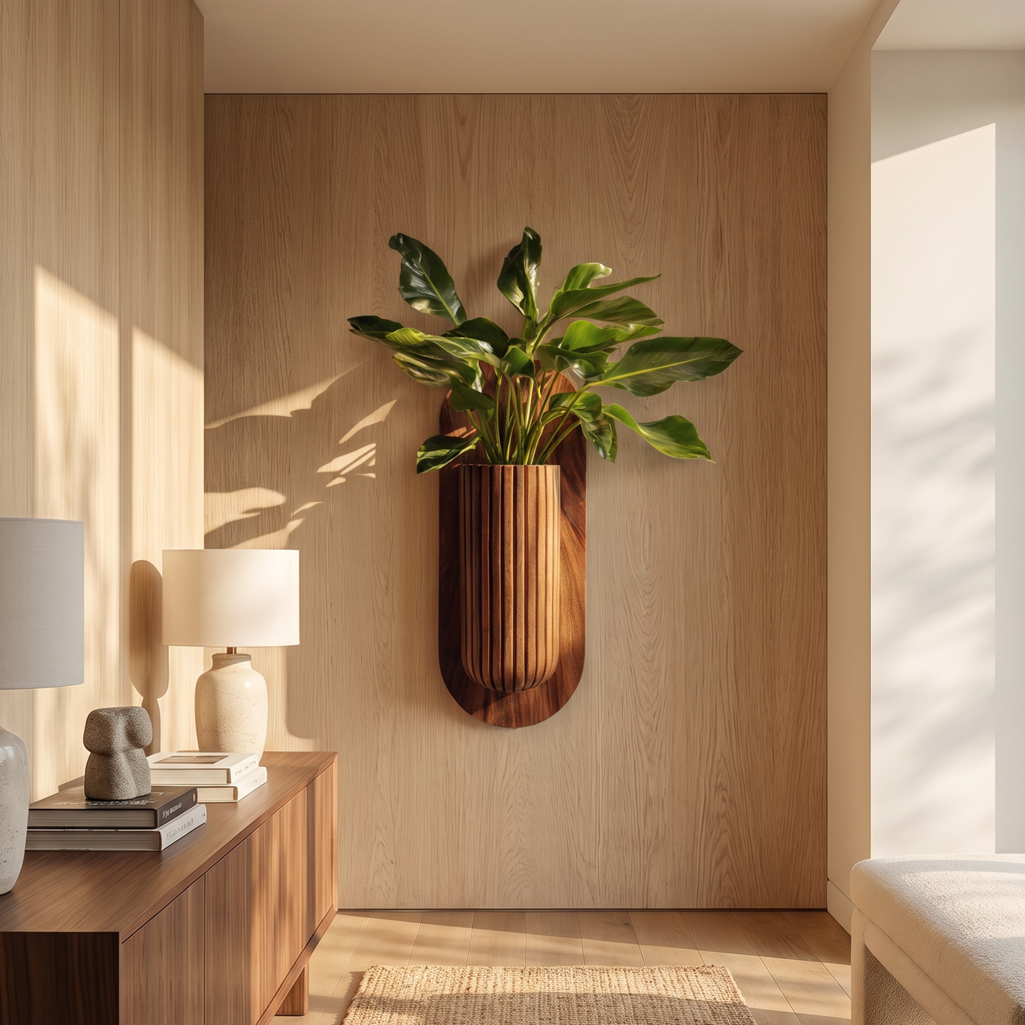 Minimalist Wood Wall Planter With Solid Wood Display Vessel For Plants