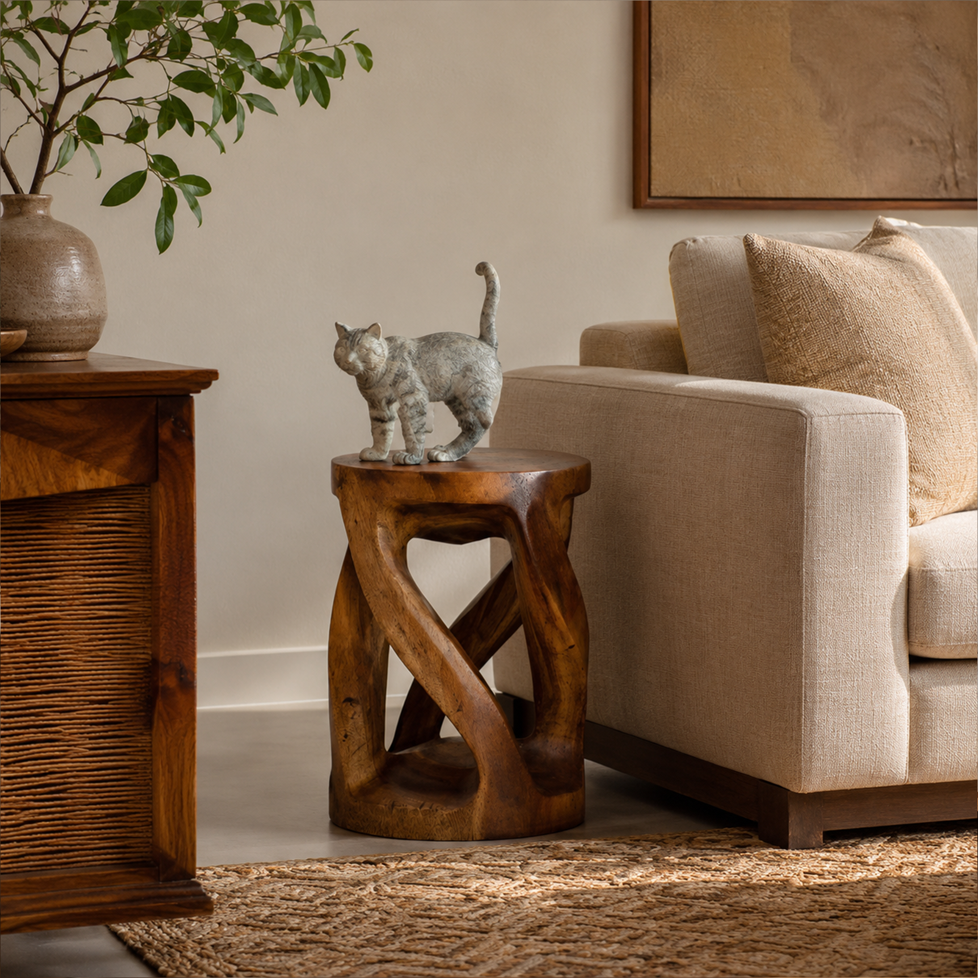 Handcrafted Side Table With Organic Twisted Design For Reading Nook