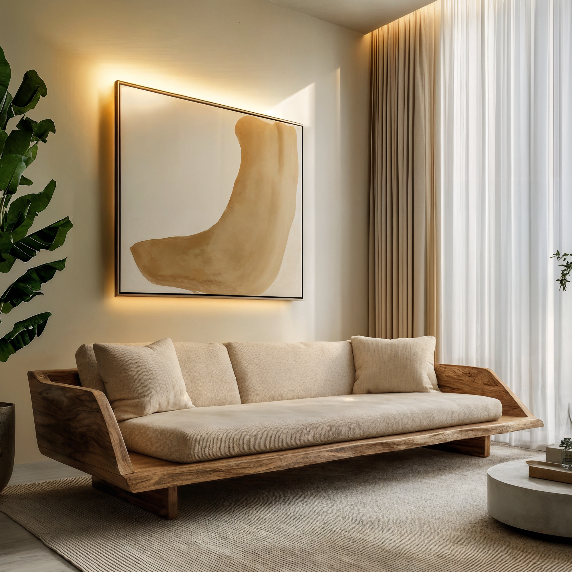 Handcrafted Sofa Frame With Sculptural Wooden Base For Living Room