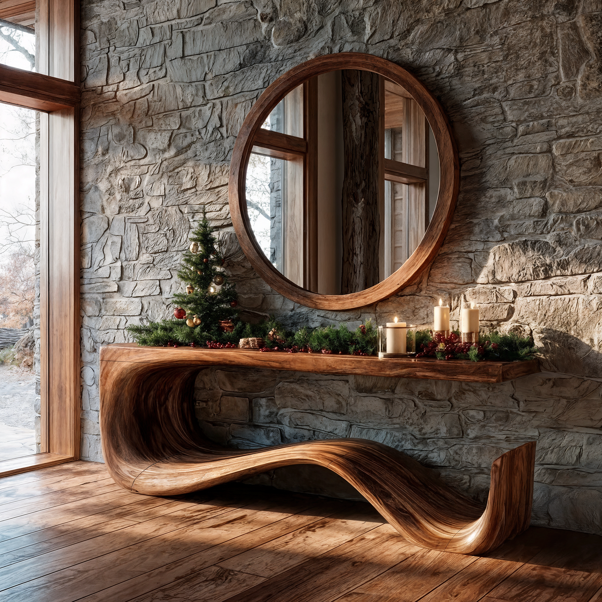 Rustic Console Table With Handcrafted Curved Wood Design For Entryway