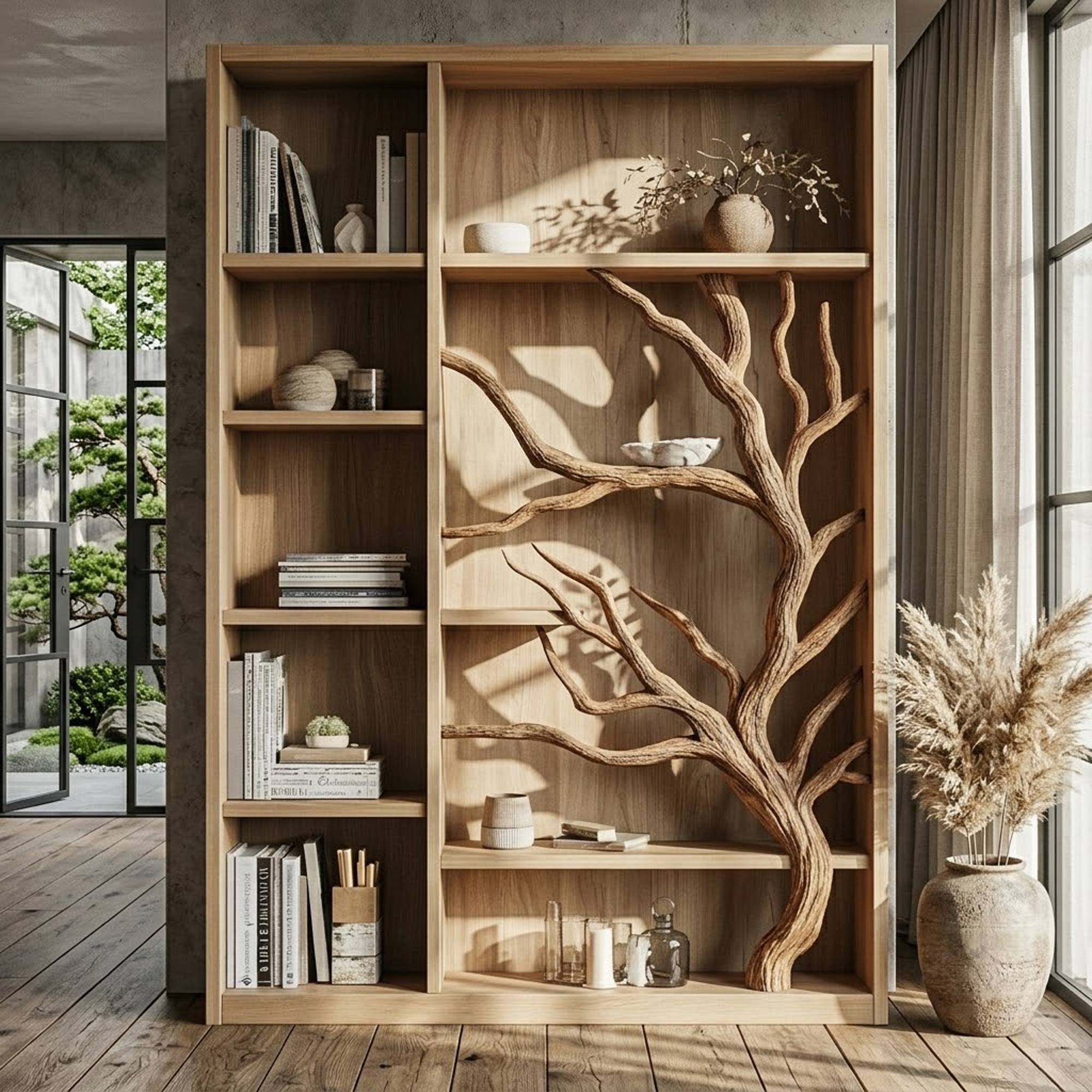 Tree Bookcase Cabinet With Open Display Shelves For Living Room And Study