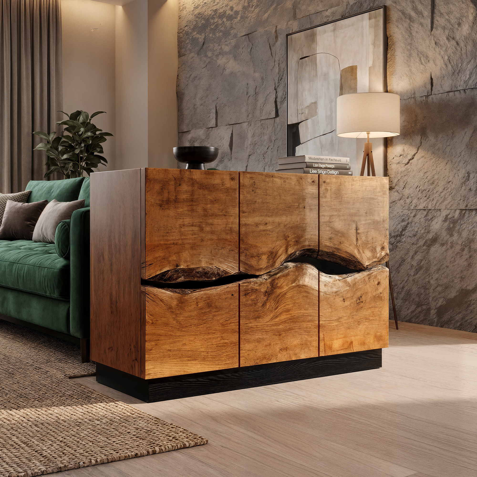 Modern Storage Cabinet With Artistic Carved Wood Doors For Entryway