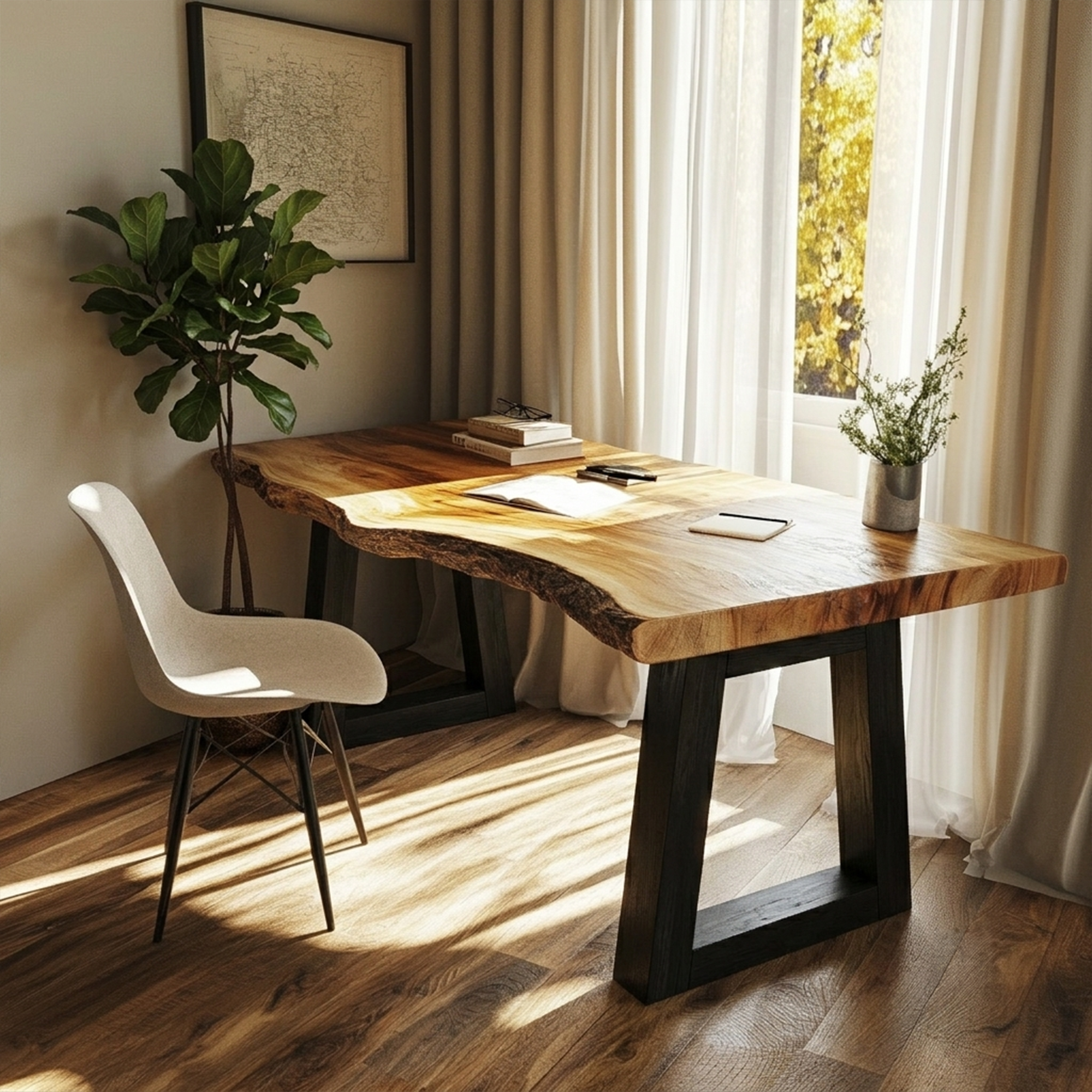 Modern Desk With Live Edge Solid Wood Top And Steel Base For Workspace