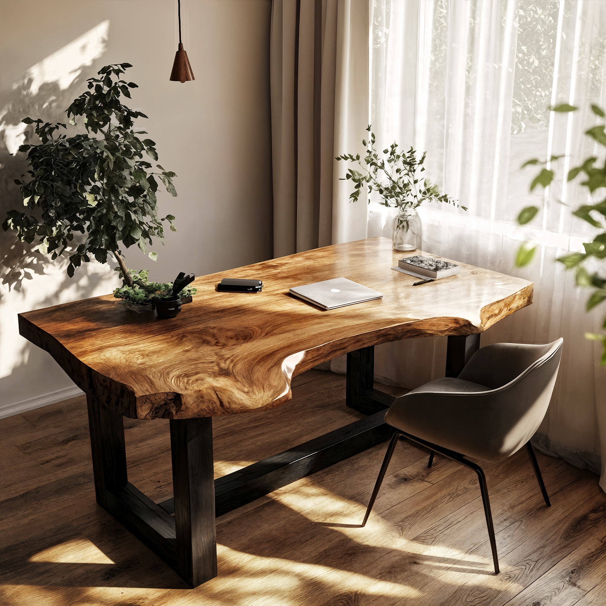 Minimal Desk With Live Edge Wooden Top For Home Office