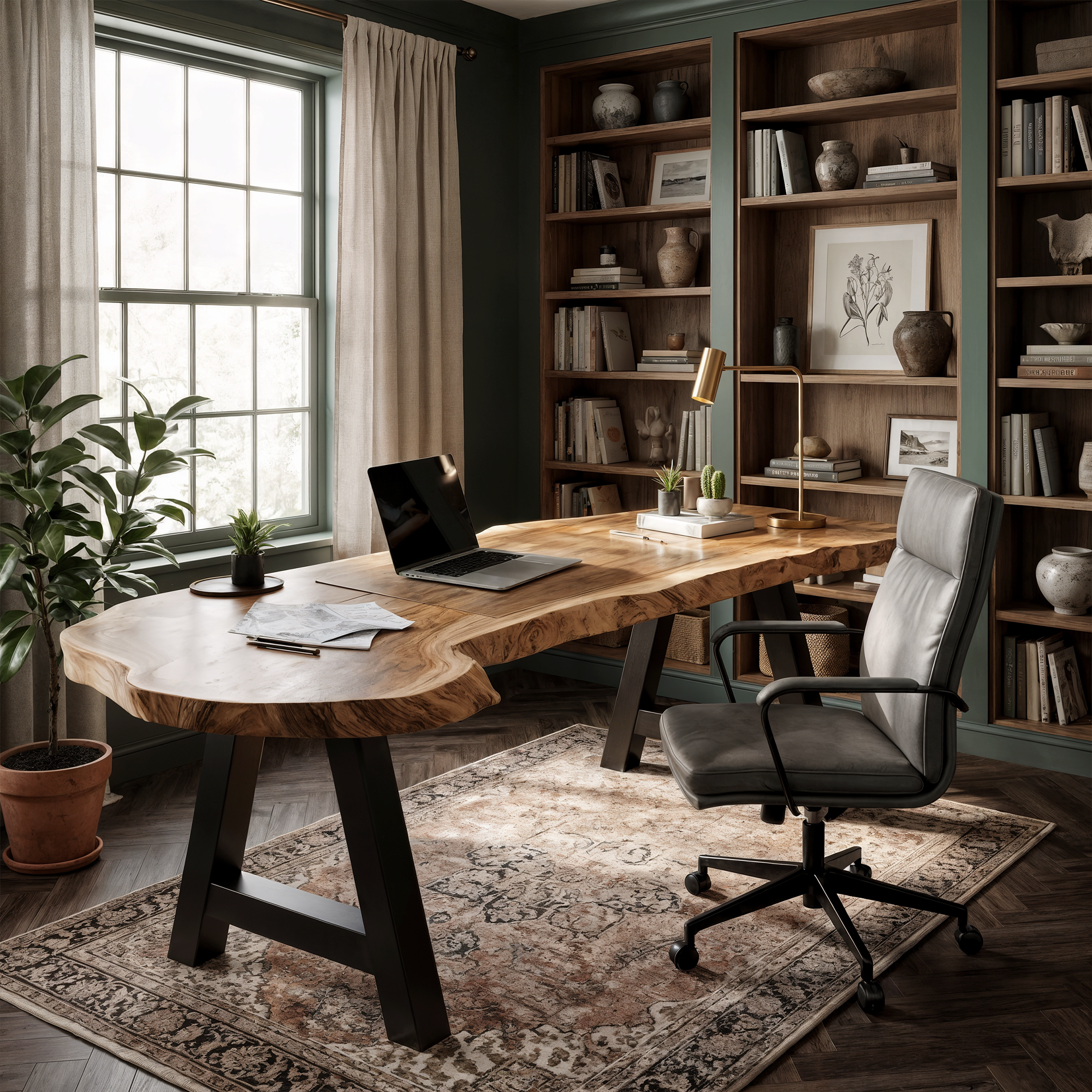 Rustic Writing Desk With Live Edge Wood Top And Metal Legs For Home Office