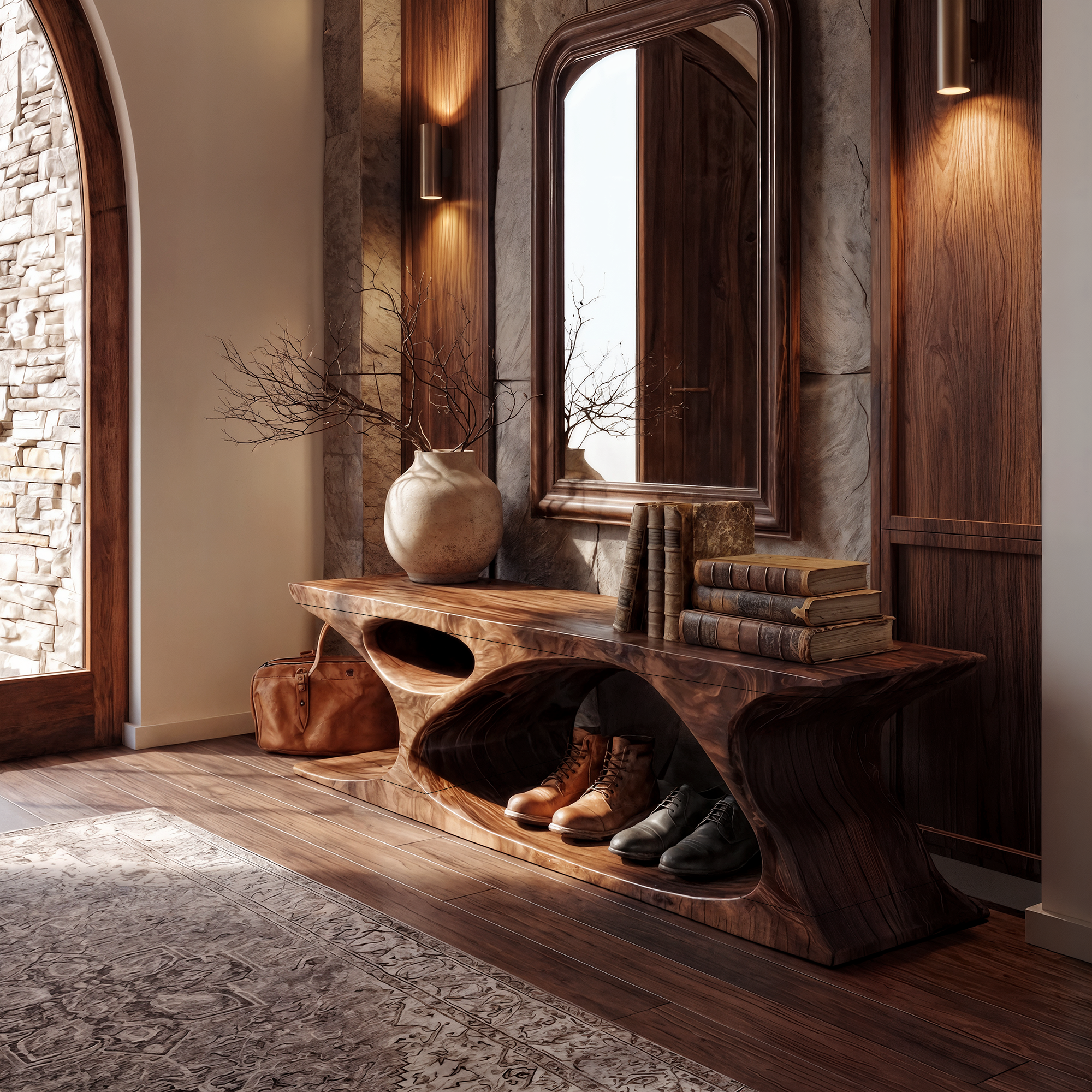 Modern Bench With Sculptural Open Base And Built In Shoe Storage For Entryway