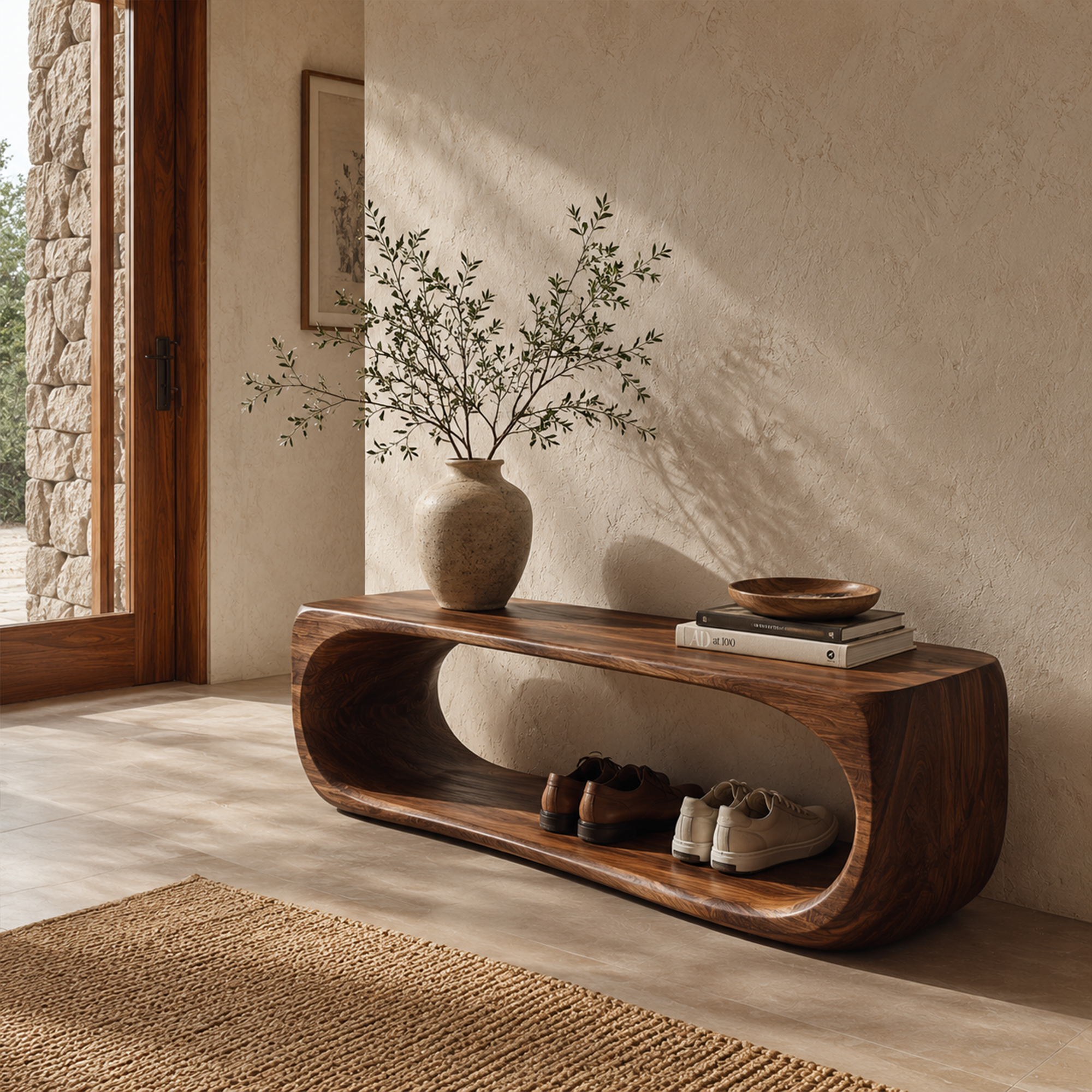 Organic Bench With Sculptural Curved Base And Open Storage Shelf For Entryway