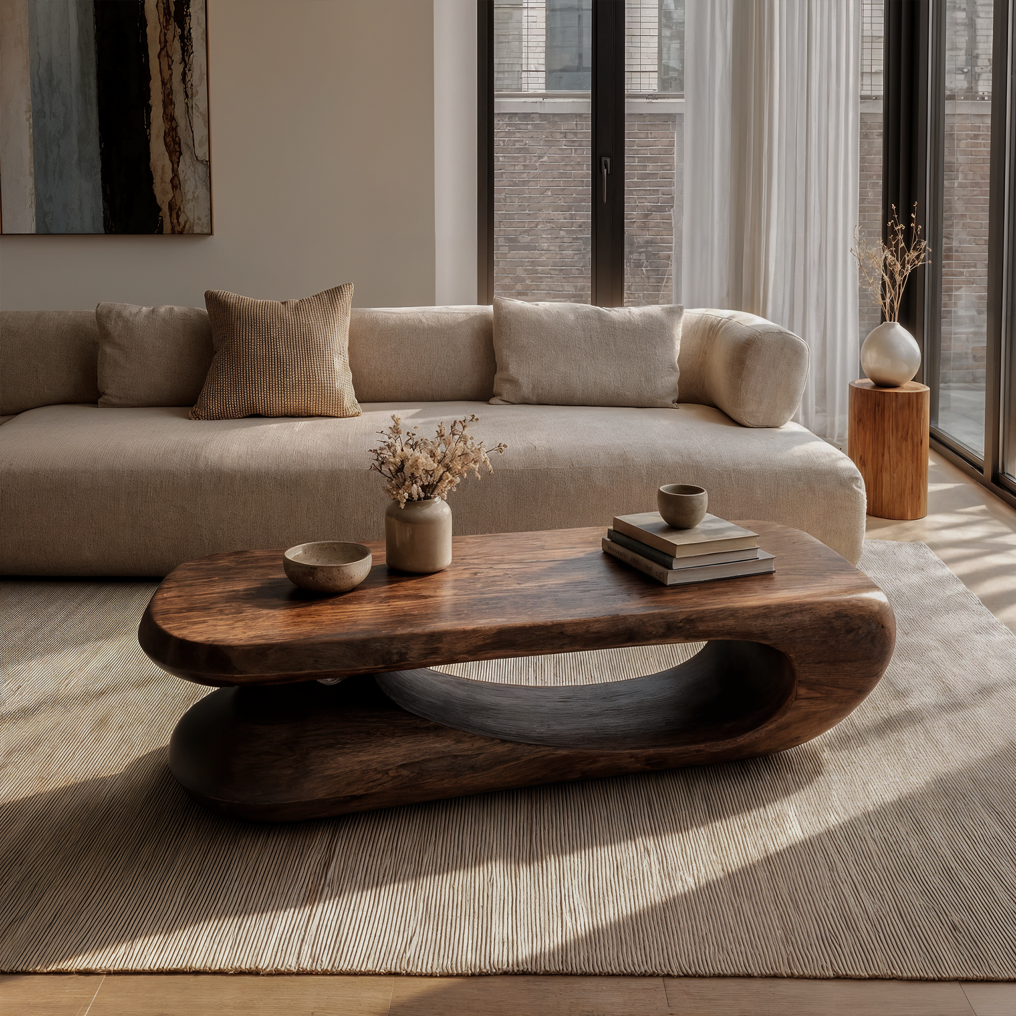Organic Coffee Table With Flowing Monolithic Wood Form For Living Room
