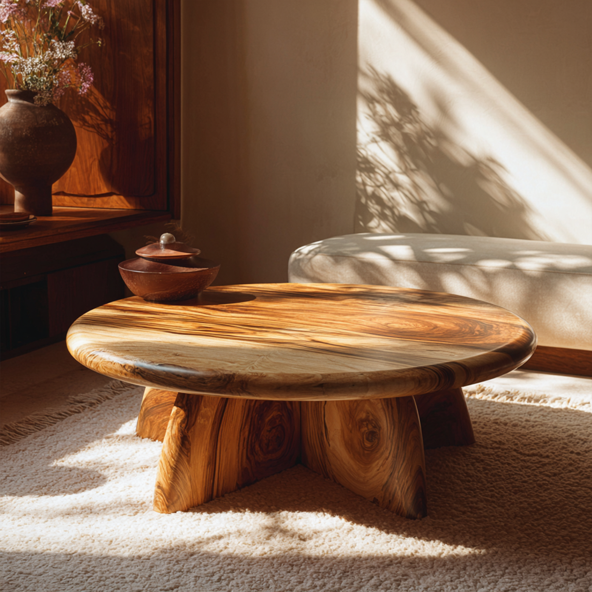 Rustic Coffee Table With Solid Wood Stump Base For Living Room