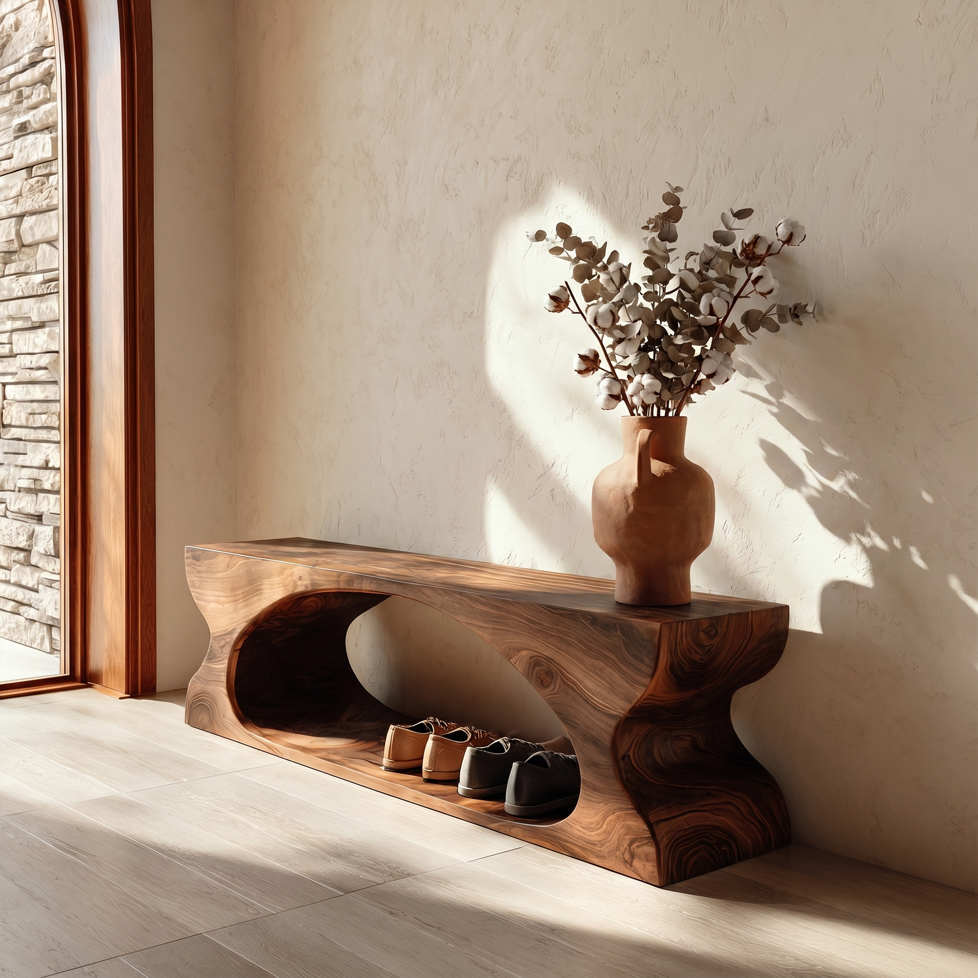 Modern Sculptural Wooden Bench With Organic Design For Entryway And Living Room