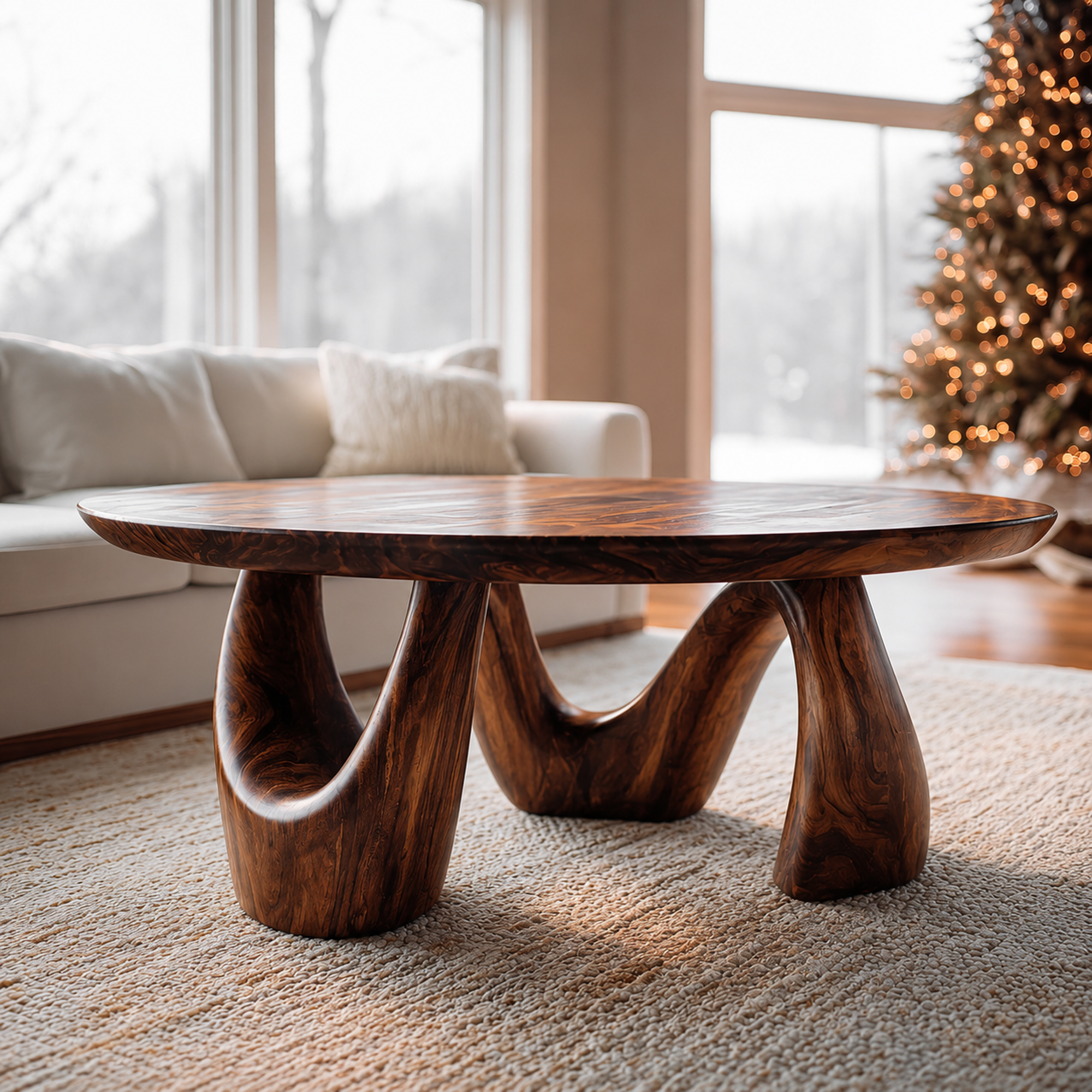 Organic Coffee Table With Freeform Live Edge Top And Sculptural Loop Wood Base For Living Room