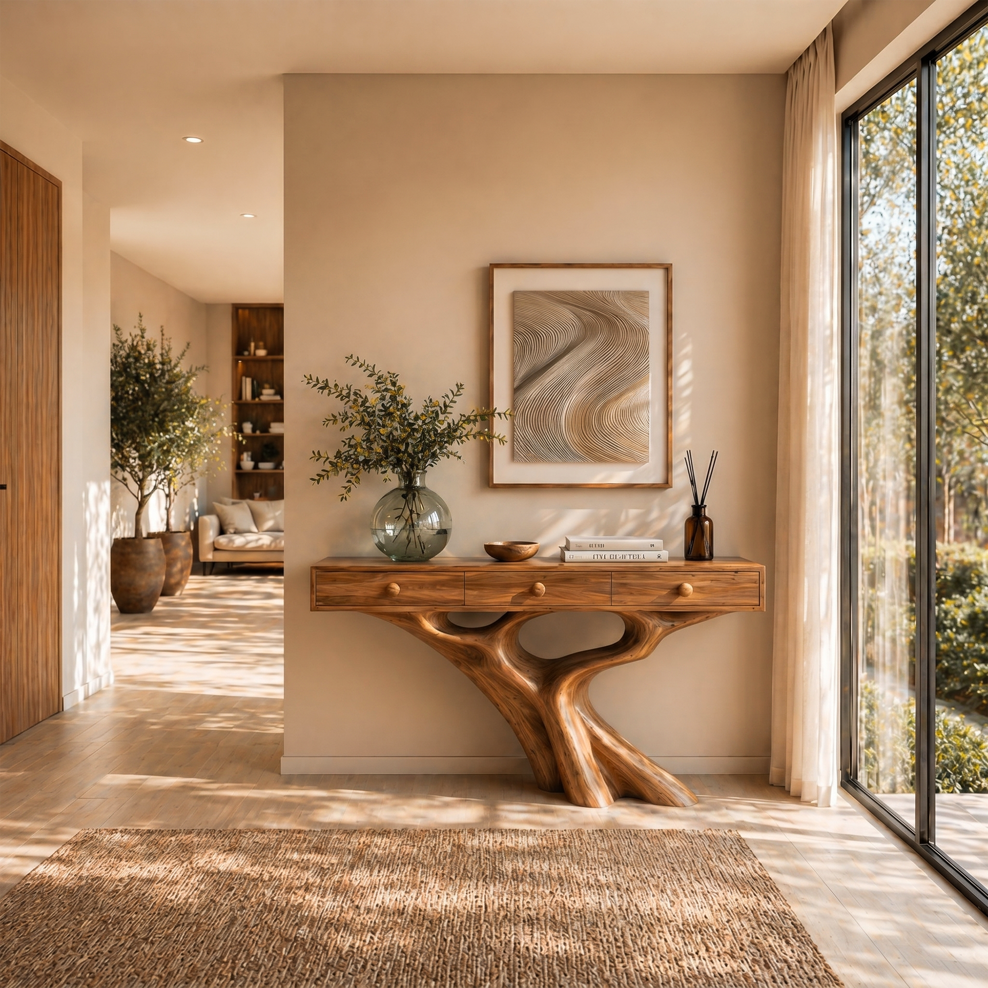 Organic Console Table With Built In Storage Cabinet And Sculptural Curved Wood Base For Entryway And Living Room