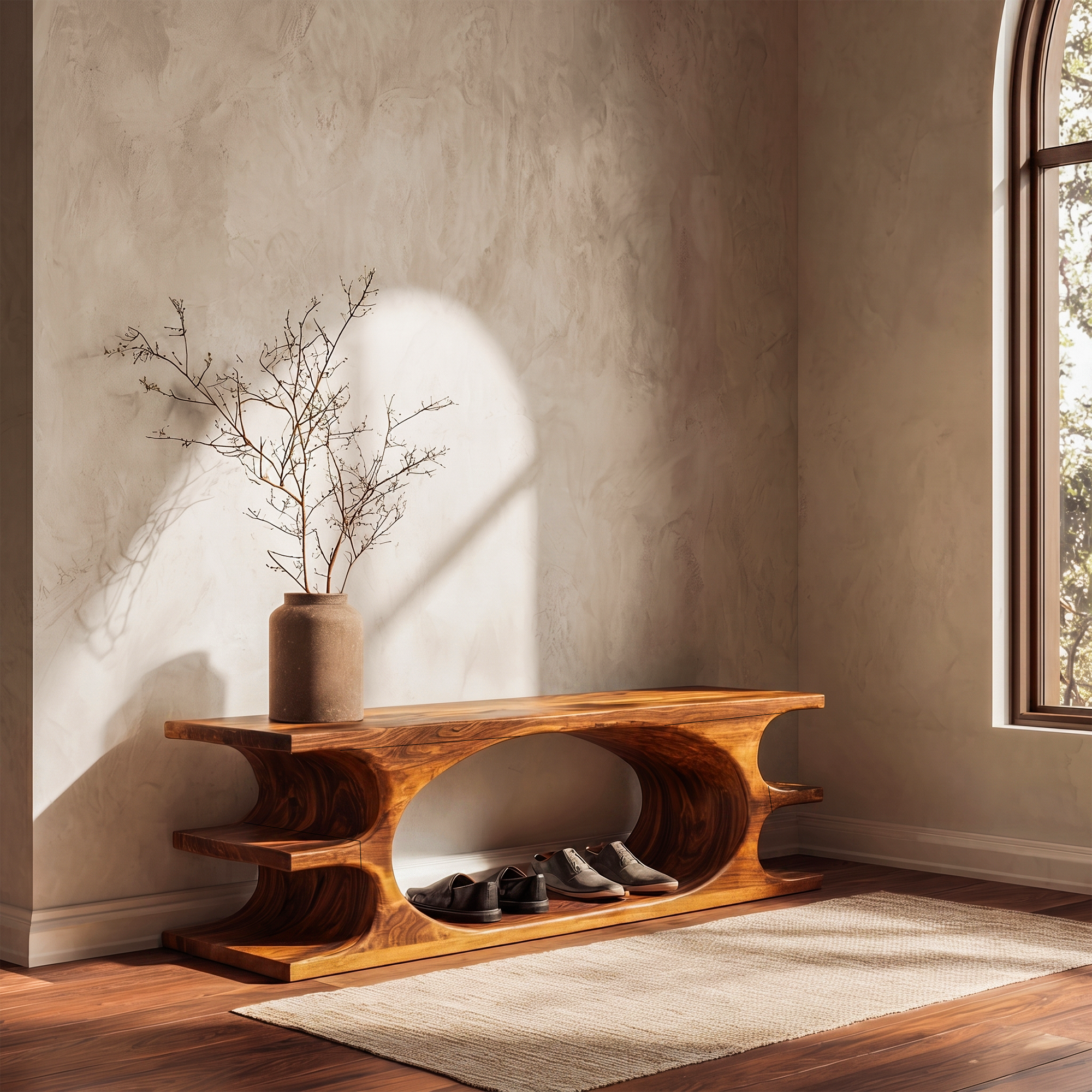 Organic Sculptural Wooden Bench With Flowing Curved Base For Living Room And Entryway