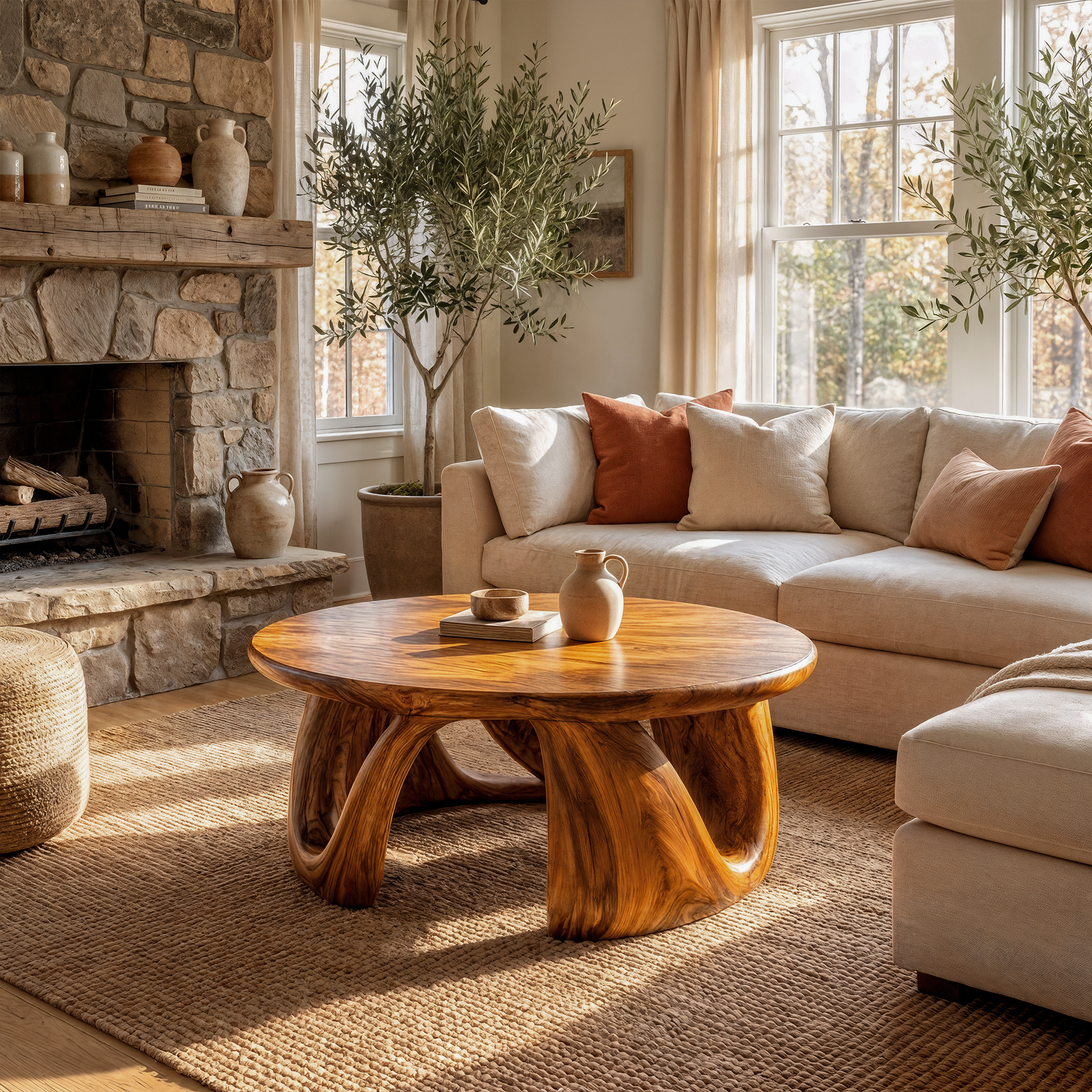 Organic Modern Coffee Table With Round Wood Top And Artistic Curved Base For Living Room