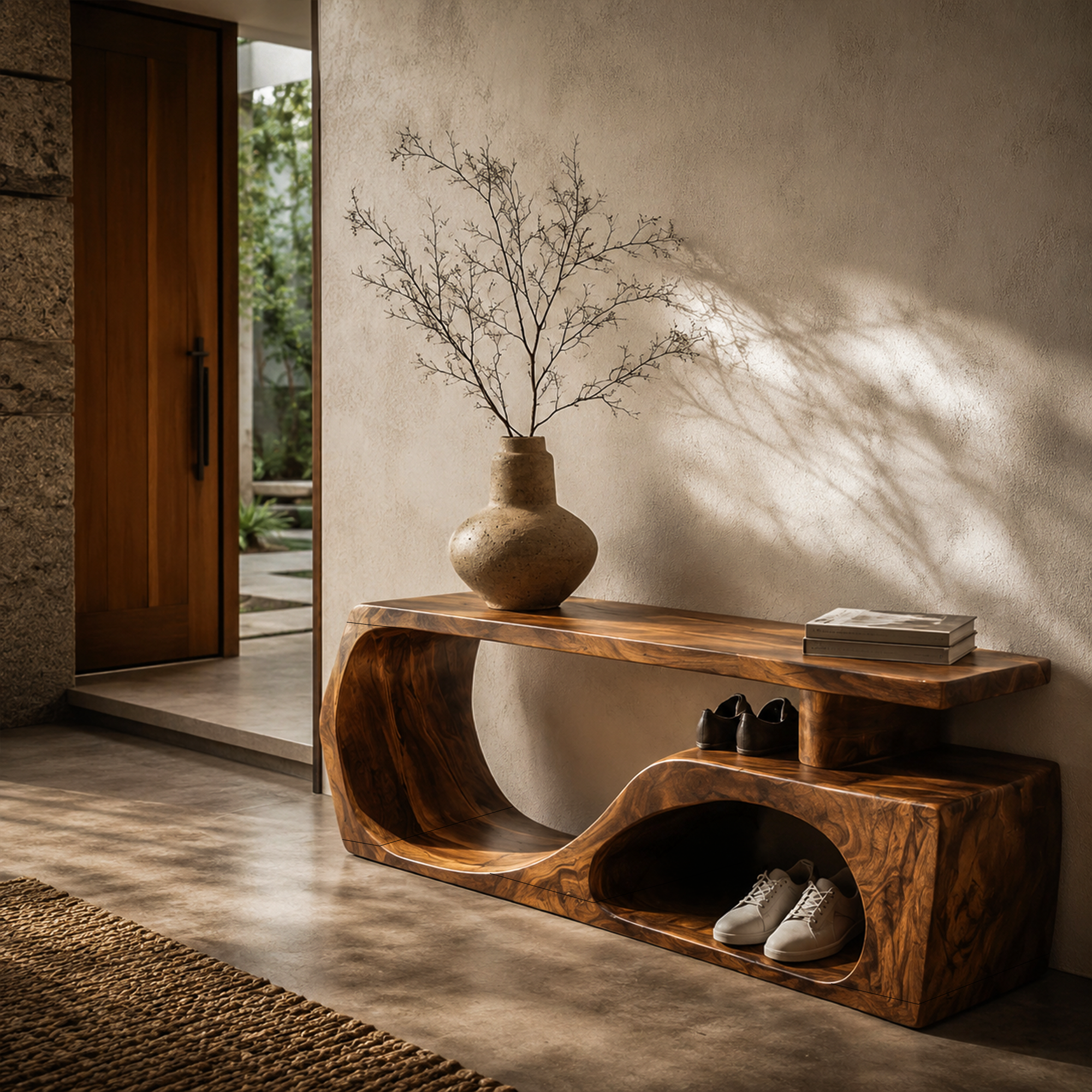 Contemporary Bench With Curved Open Shoe Storage For Entryway And Living Room