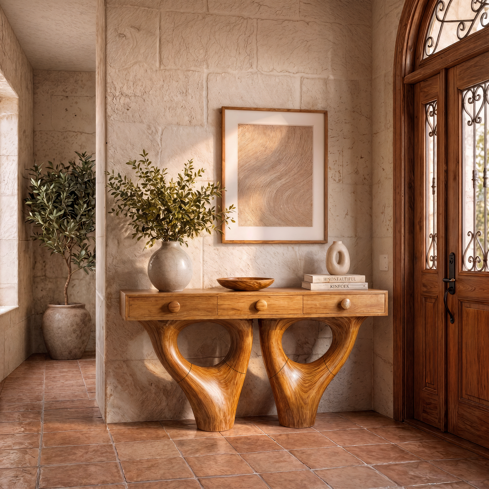 Rustic Console Table With Sculptural Double Pedestal Wood Base And Solid Wood Top For Entryway And Living Room