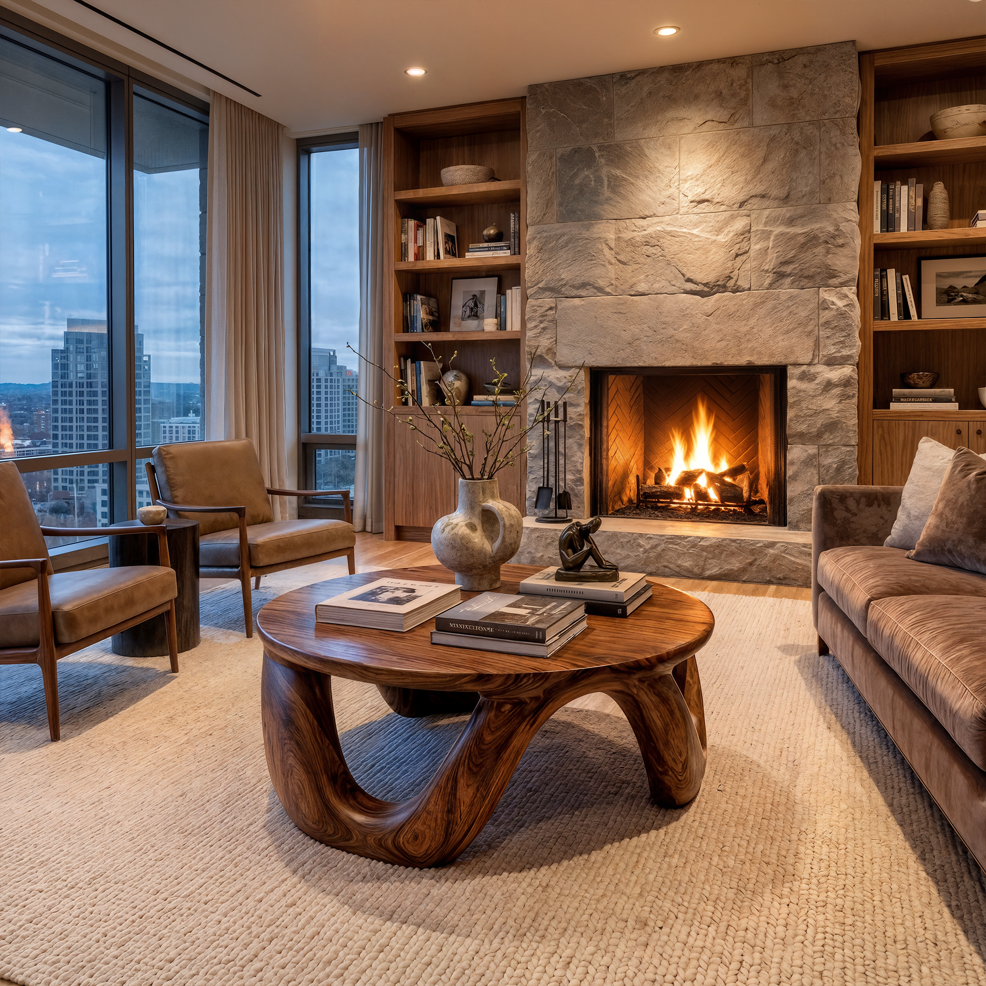 Modern Coffee Table With Round Solid Wood Top And Artistic Sculptural Base For Living Room