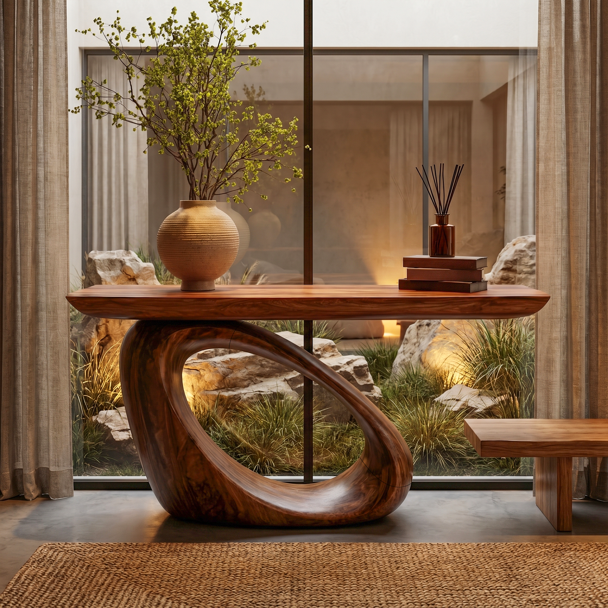 Modern Organic Console Table With Sculptural Loop Pedestal Wood Base For Entryway And Living Room