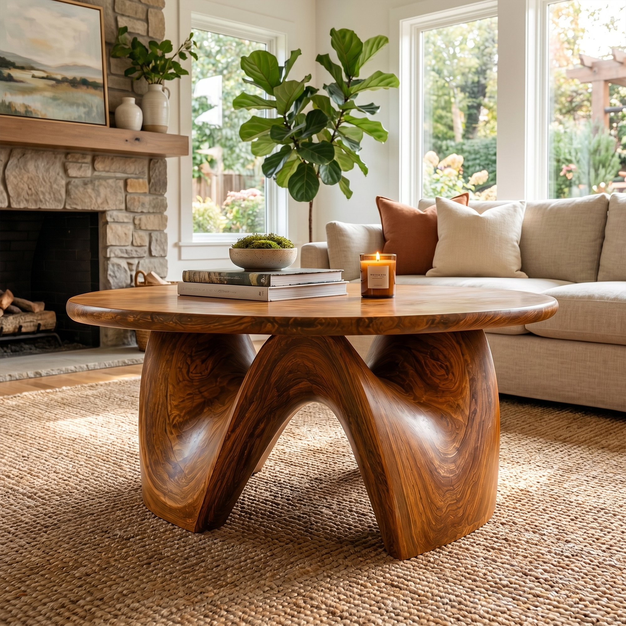 Rustic Coffee Table With Sculptural Solid Wood Base And Round Live Edge Top For Living Room