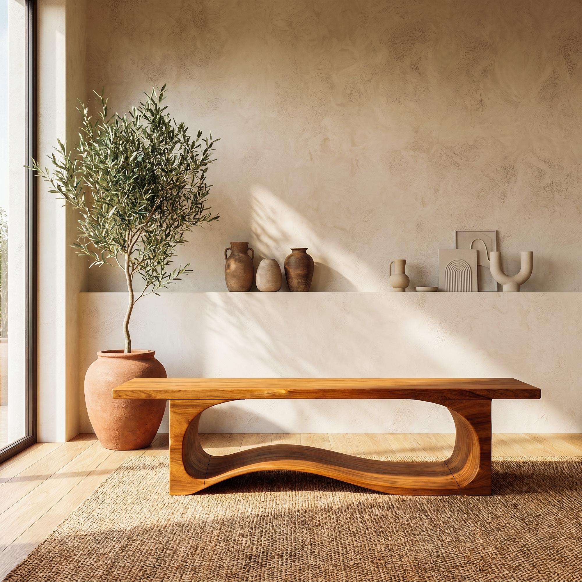 Sculptural Bench With Wave Design For Entryway