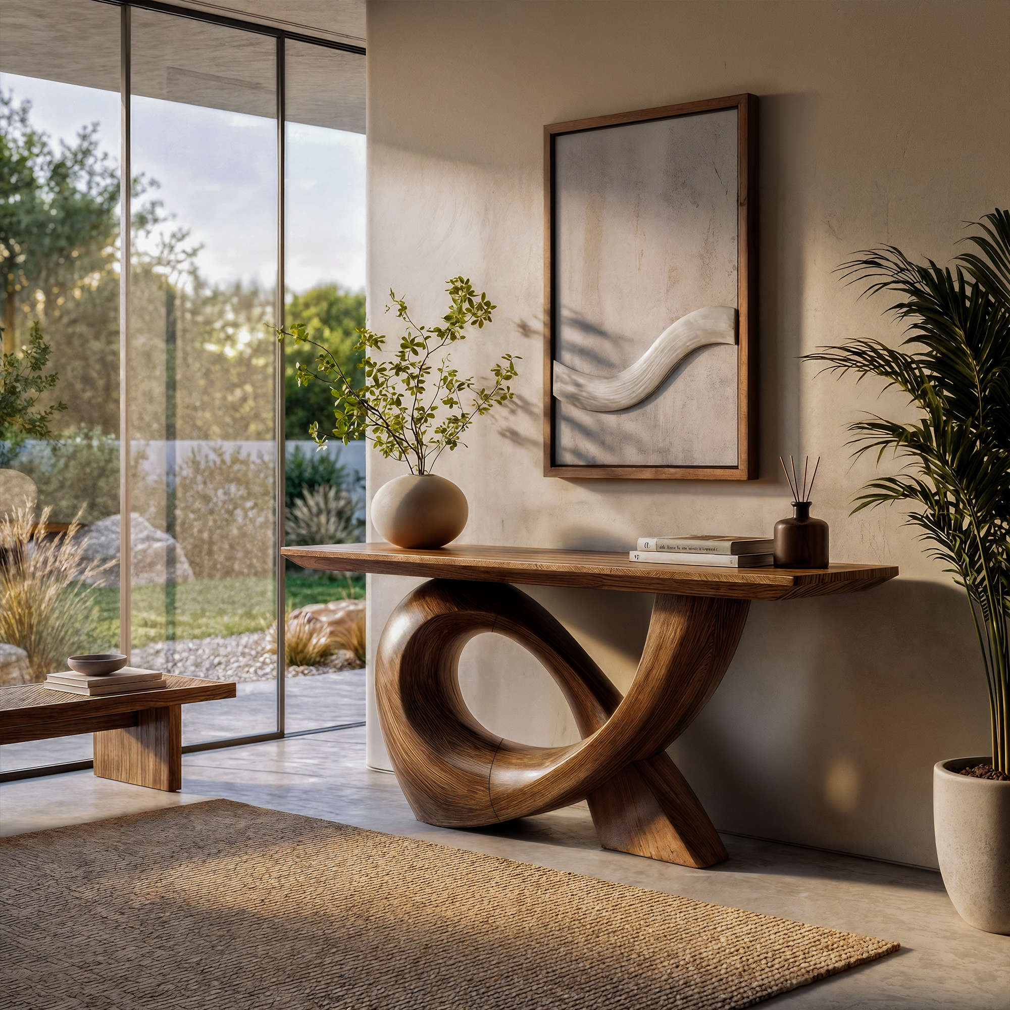 Sculptural Console Table With Flowing Curved Wood Base For Entryway And Living Room