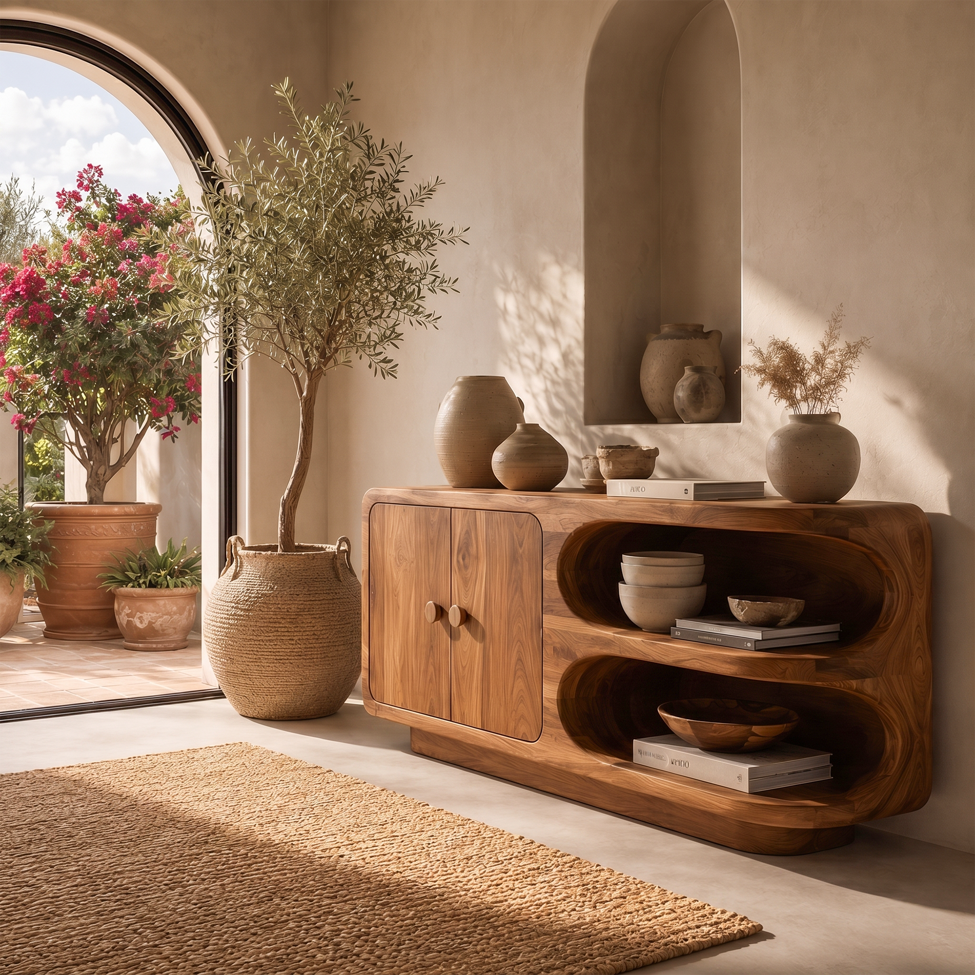 Organic Sideboard With Rounded Solid Wood Frame And Open Display Shelves For Living Room